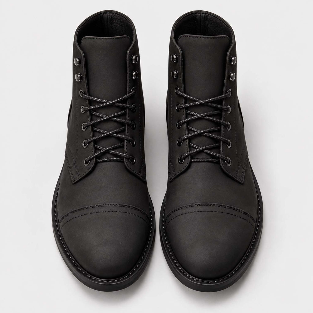 Monvaline | Men's Black Matte Leather Cap Toe Lace-Up Boots