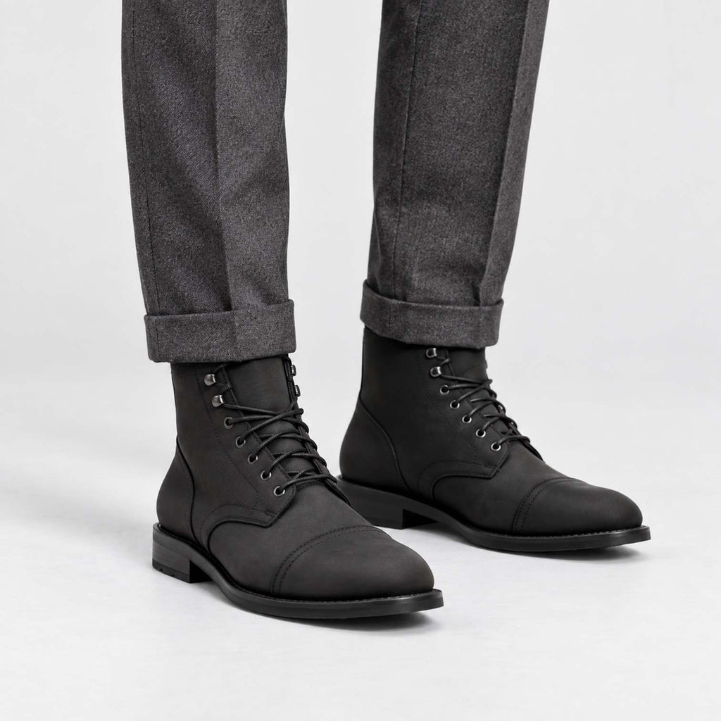 Monvaline | Men's Black Matte Leather Cap Toe Lace-Up Boots