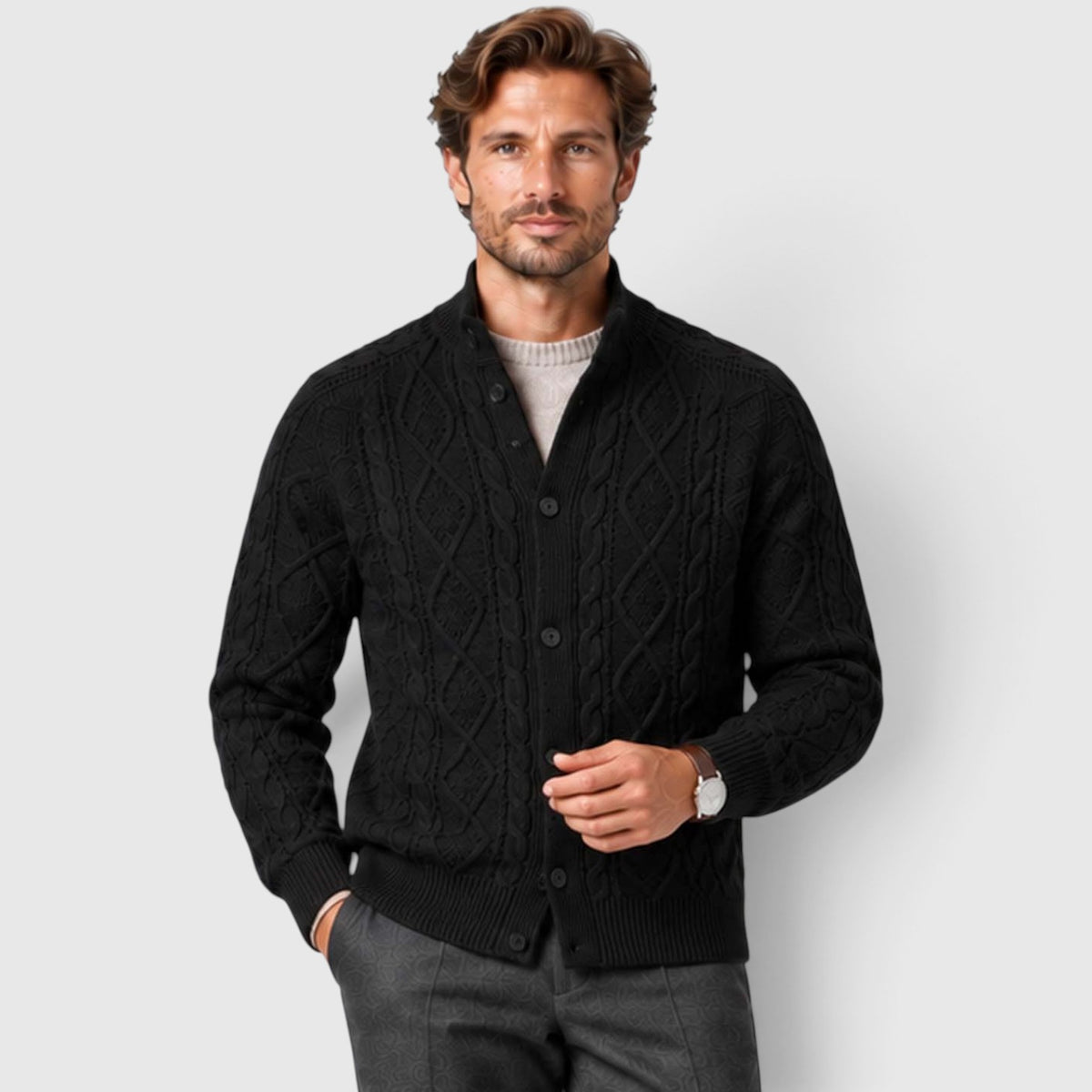Monvaline | Men's Button Front Cable Knit Sweater Cardigan for Layering