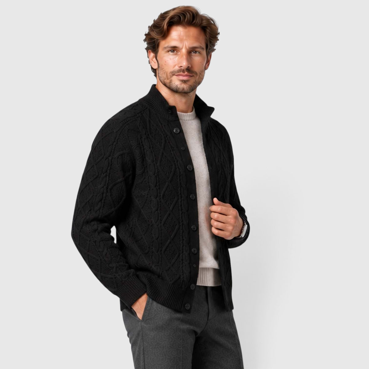 Monvaline | Men's Button Front Cable Knit Sweater Cardigan for Layering