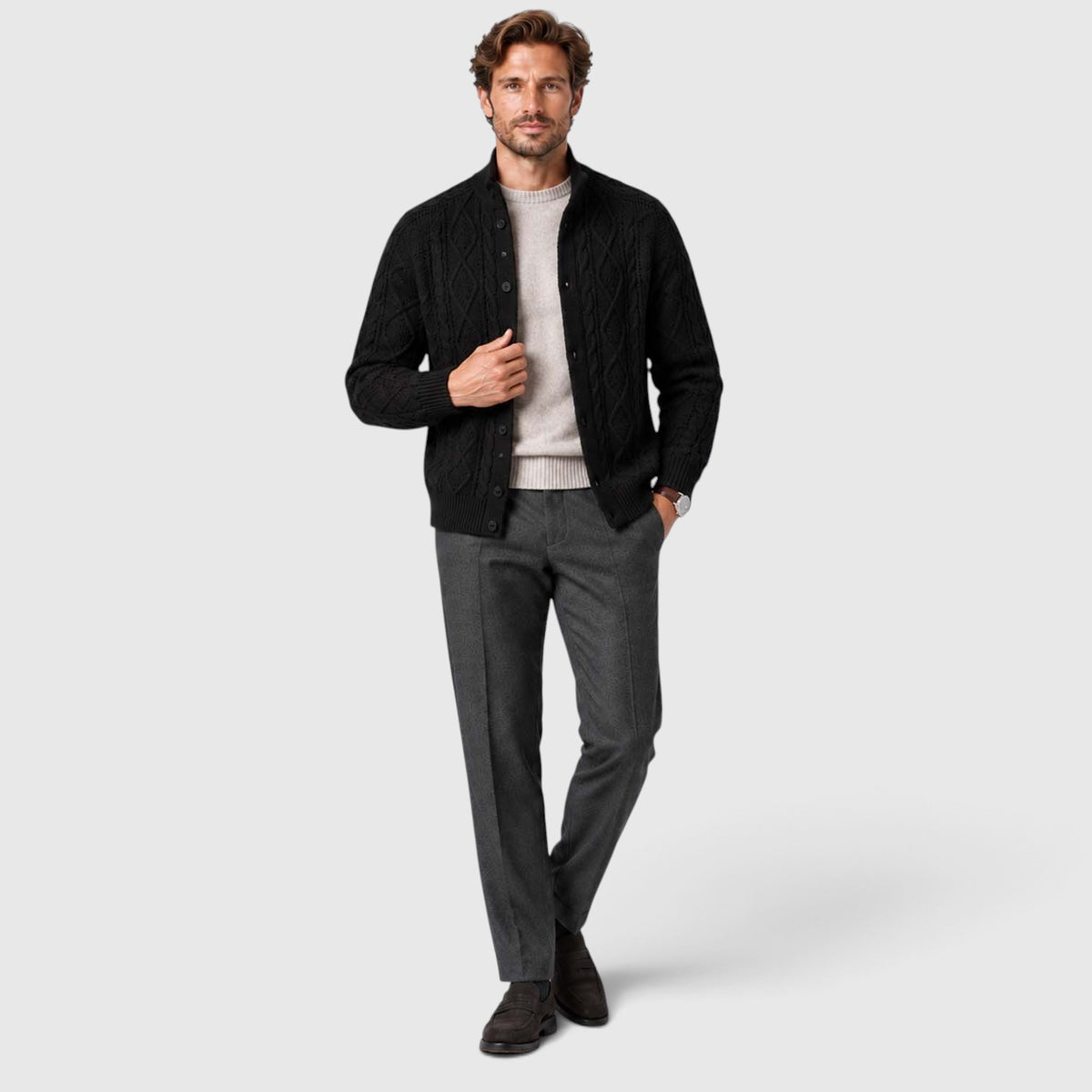 Monvaline | Men's Button Front Cable Knit Sweater Cardigan for Layering