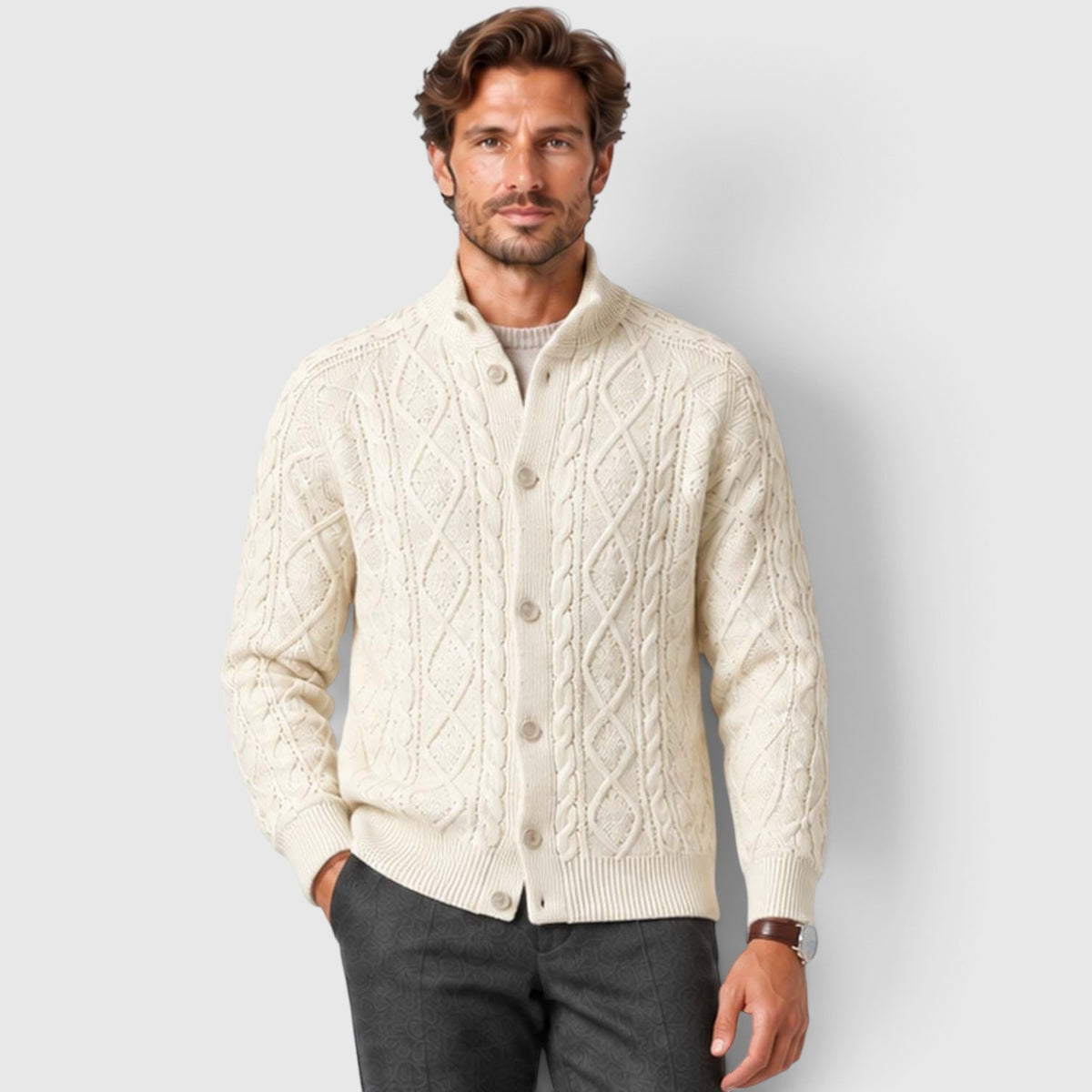 Monvaline | Men's Button Front Cable Knit Sweater Cardigan for Layering