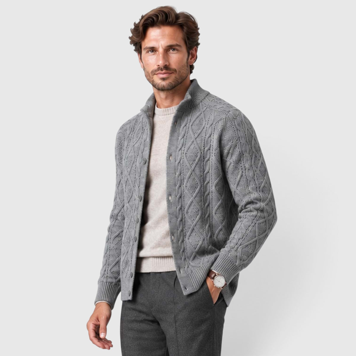 Monvaline | Men's Button Front Cable Knit Sweater Cardigan for Layering