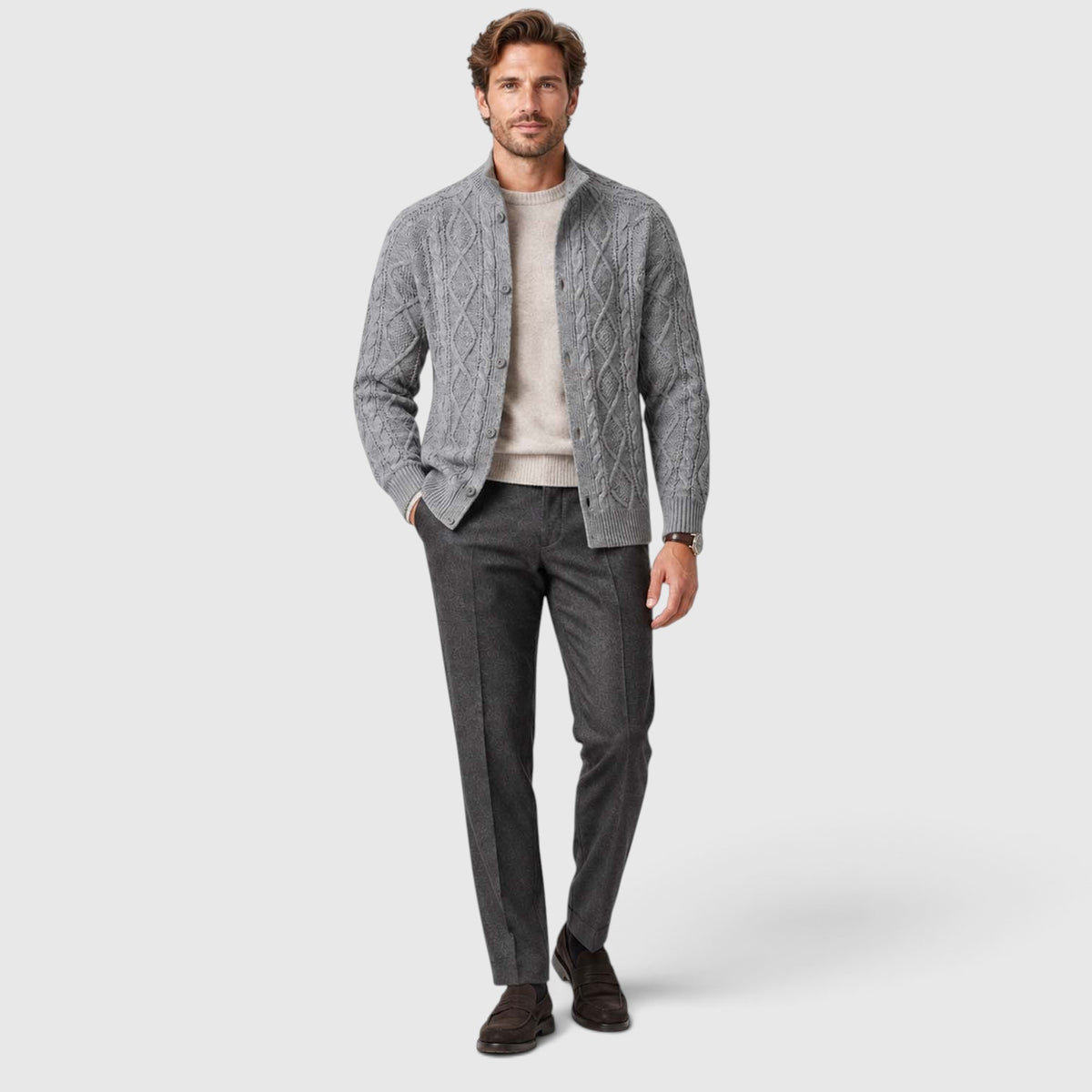 Monvaline | Men's Button Front Cable Knit Sweater Cardigan for Layering