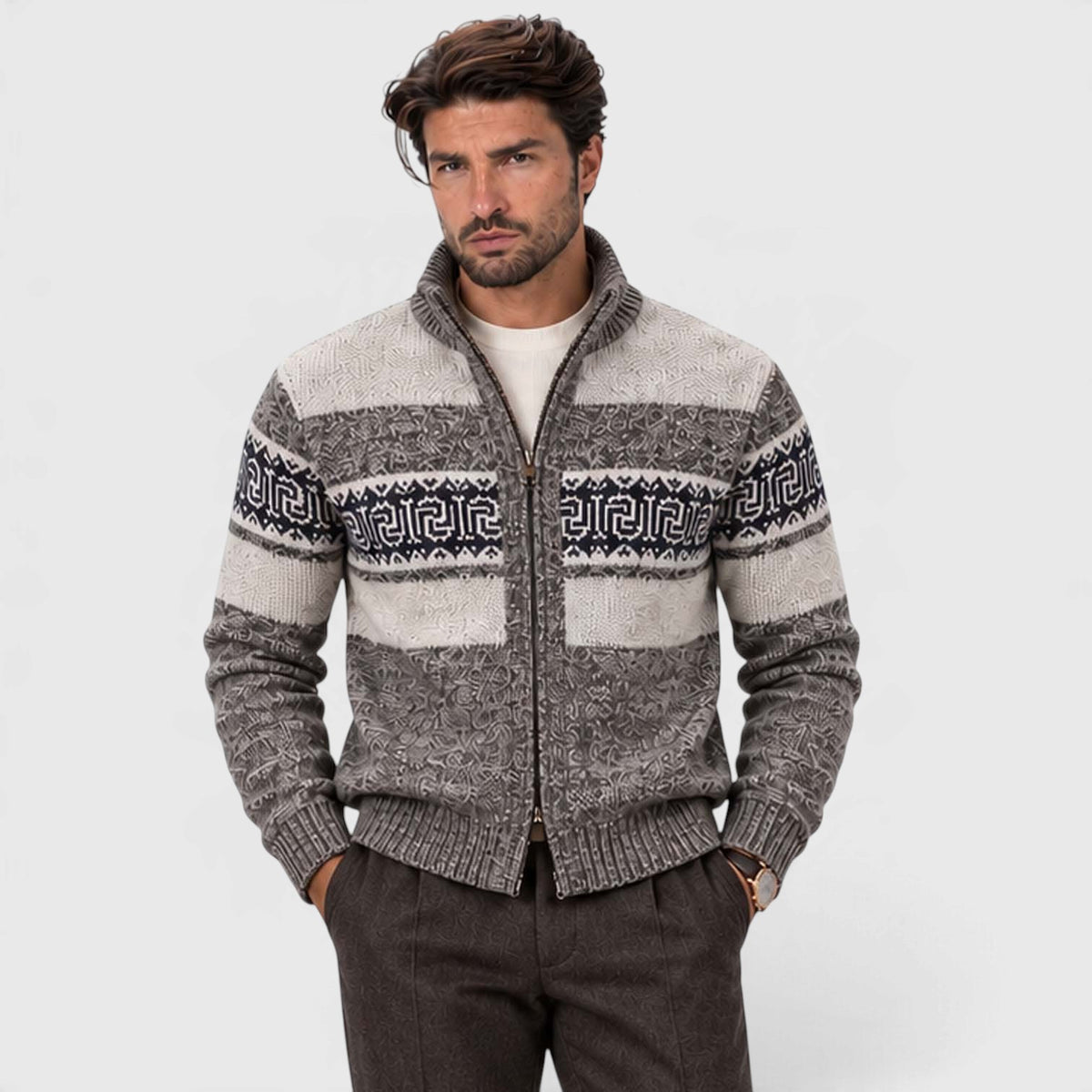 Monvaline | Men's Cable Knit Jumper Full Zip Stand Collar
