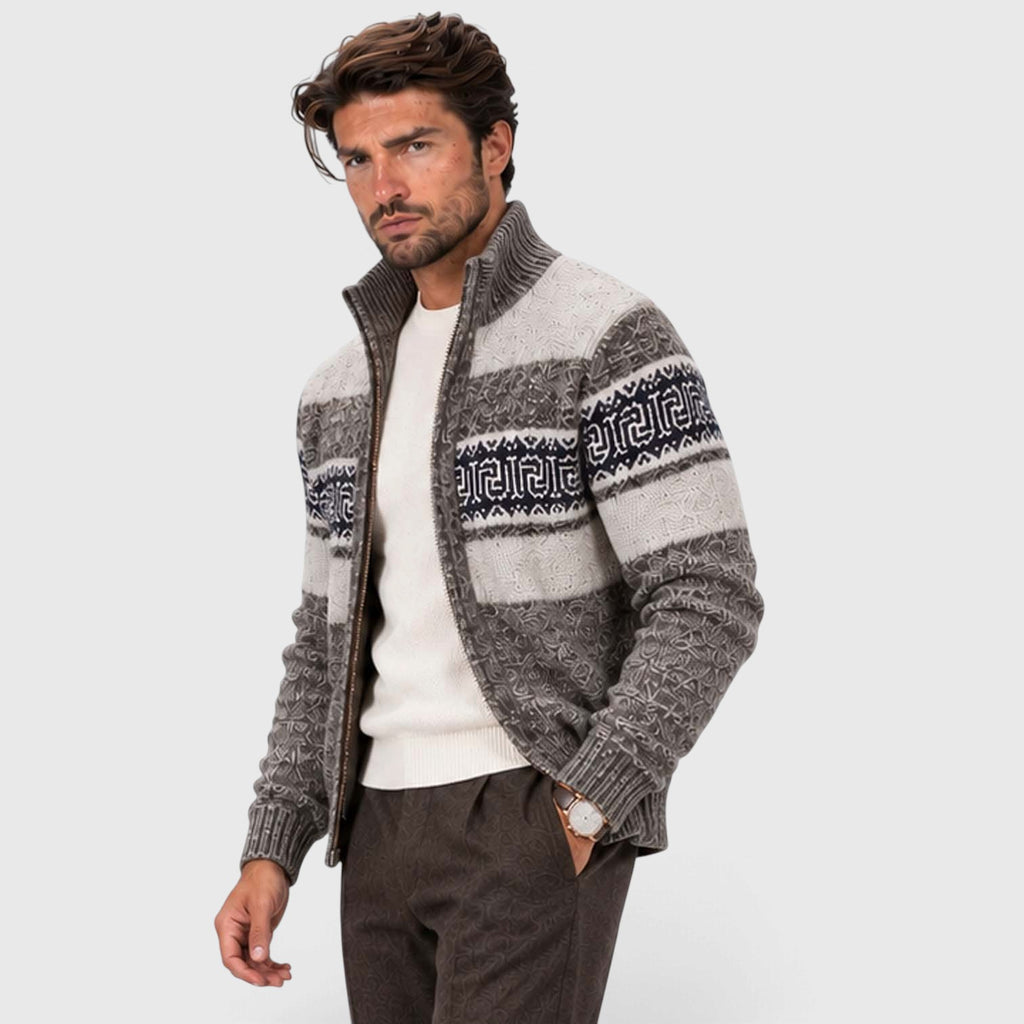 Monvaline | Men's Cable Knit Jumper Full Zip Stand Collar
