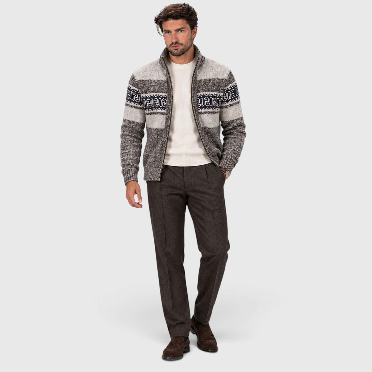 Monvaline | Men's Cable Knit Jumper Full Zip Stand Collar