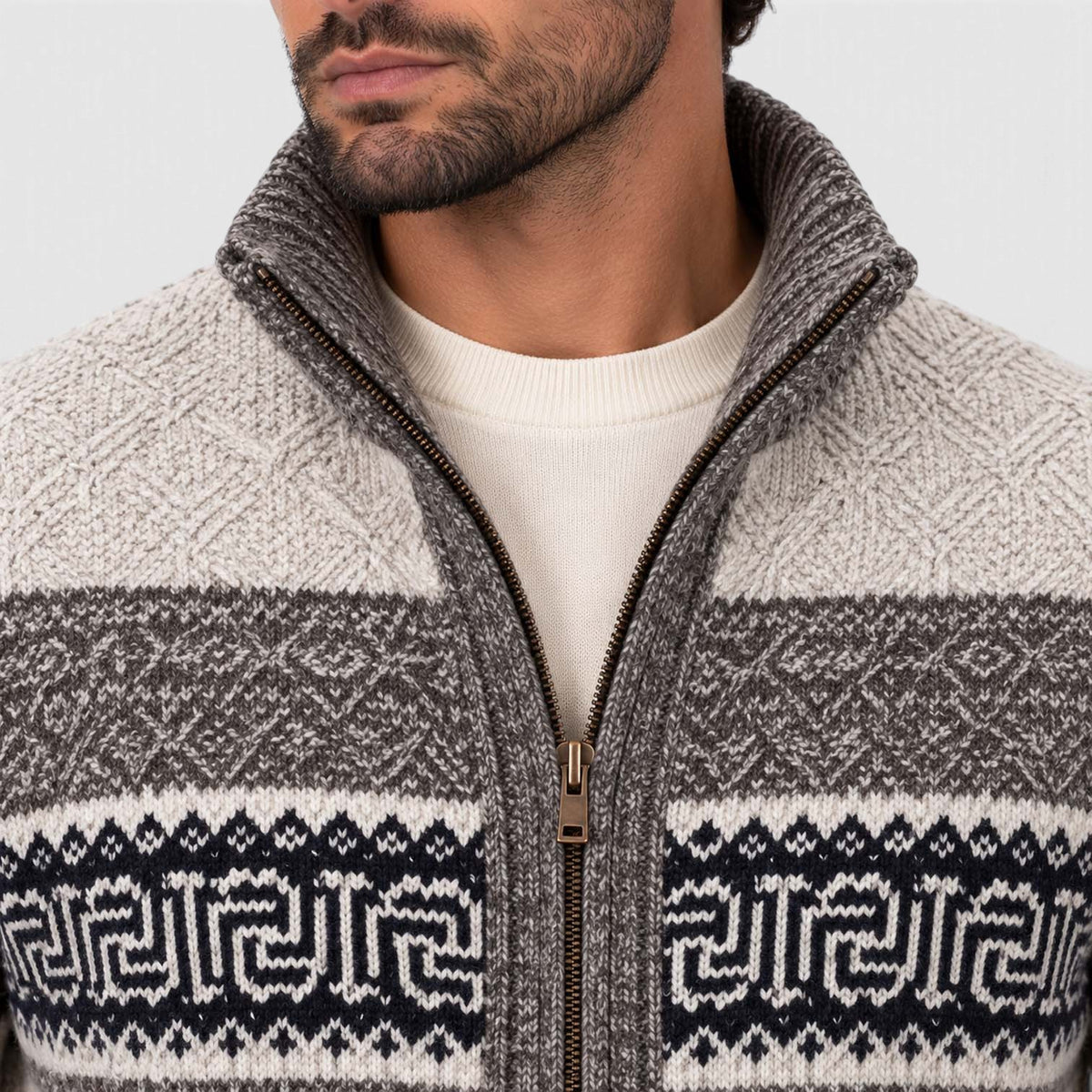 Monvaline | Men's Cable Knit Jumper Full Zip Stand Collar