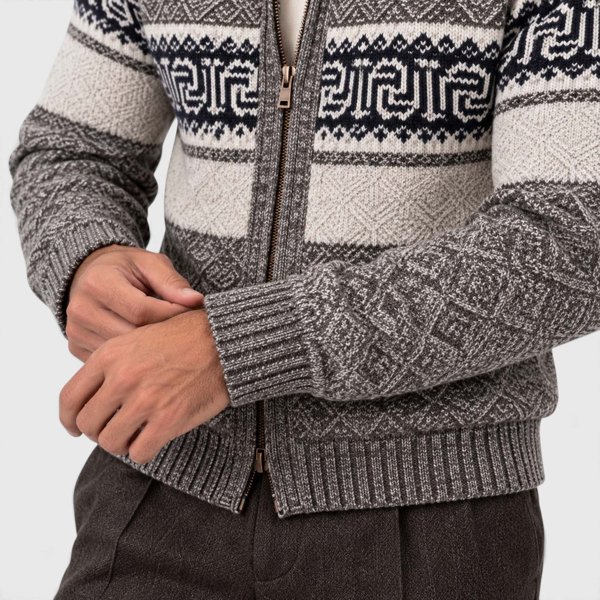 Monvaline | Men's Cable Knit Jumper Full Zip Stand Collar