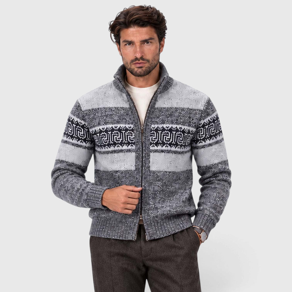Monvaline | Men's Cable Knit Jumper Full Zip Stand Collar