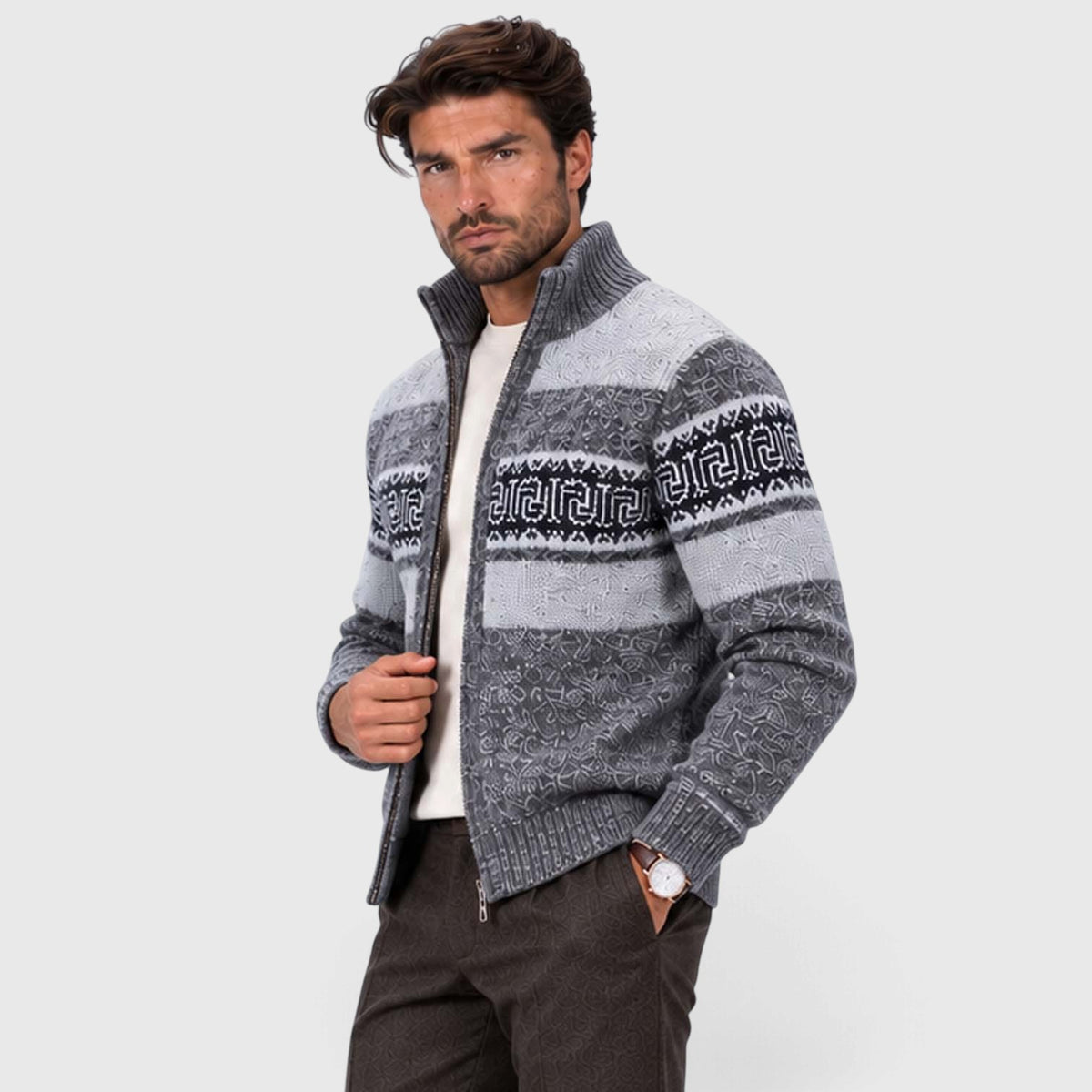 Monvaline | Men's Cable Knit Jumper Full Zip Stand Collar