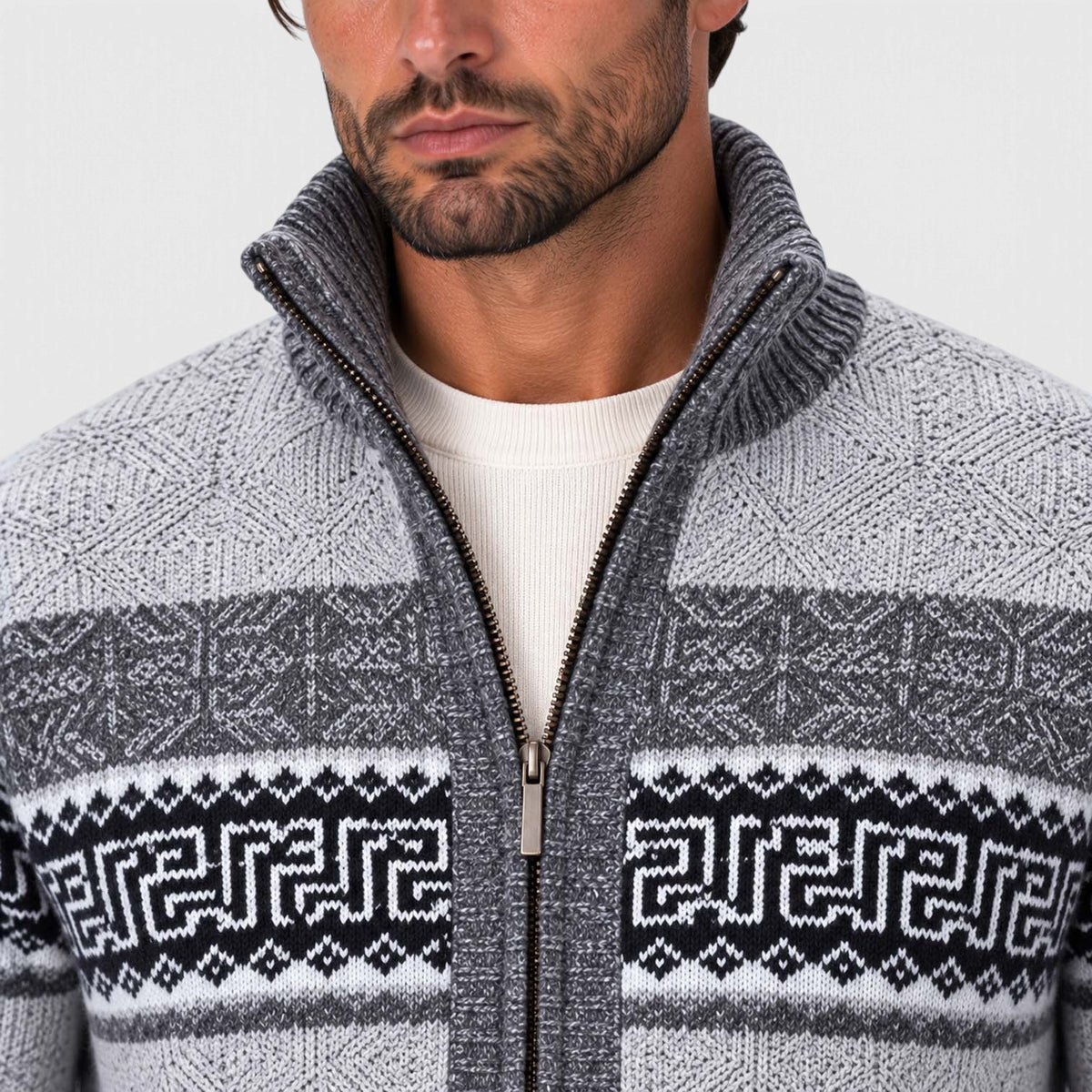 Monvaline | Men's Cable Knit Jumper Full Zip Stand Collar