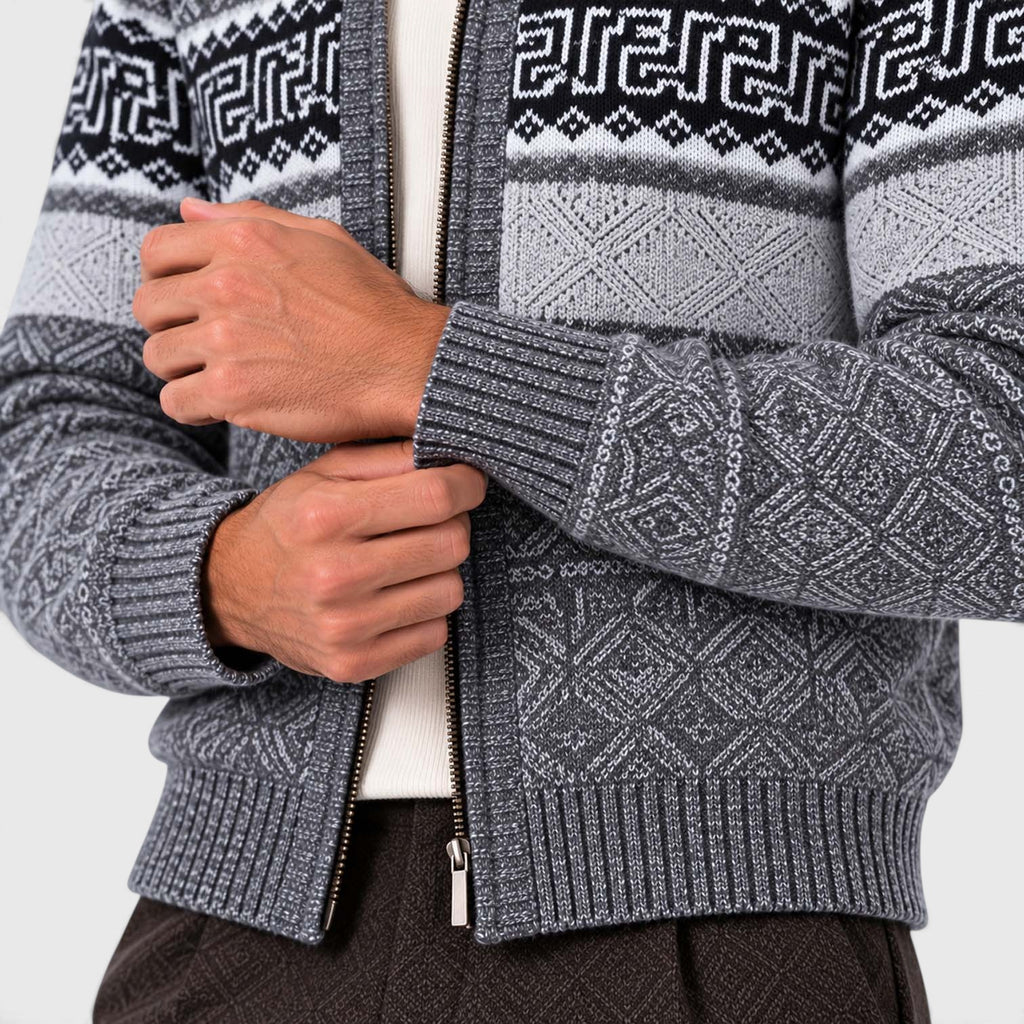 Monvaline | Men's Cable Knit Jumper Full Zip Stand Collar