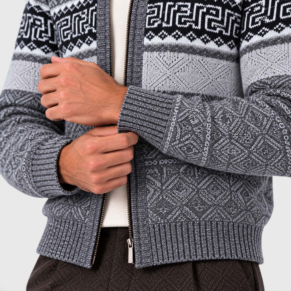 Monvaline | Men's Cable Knit Jumper Full Zip Stand Collar