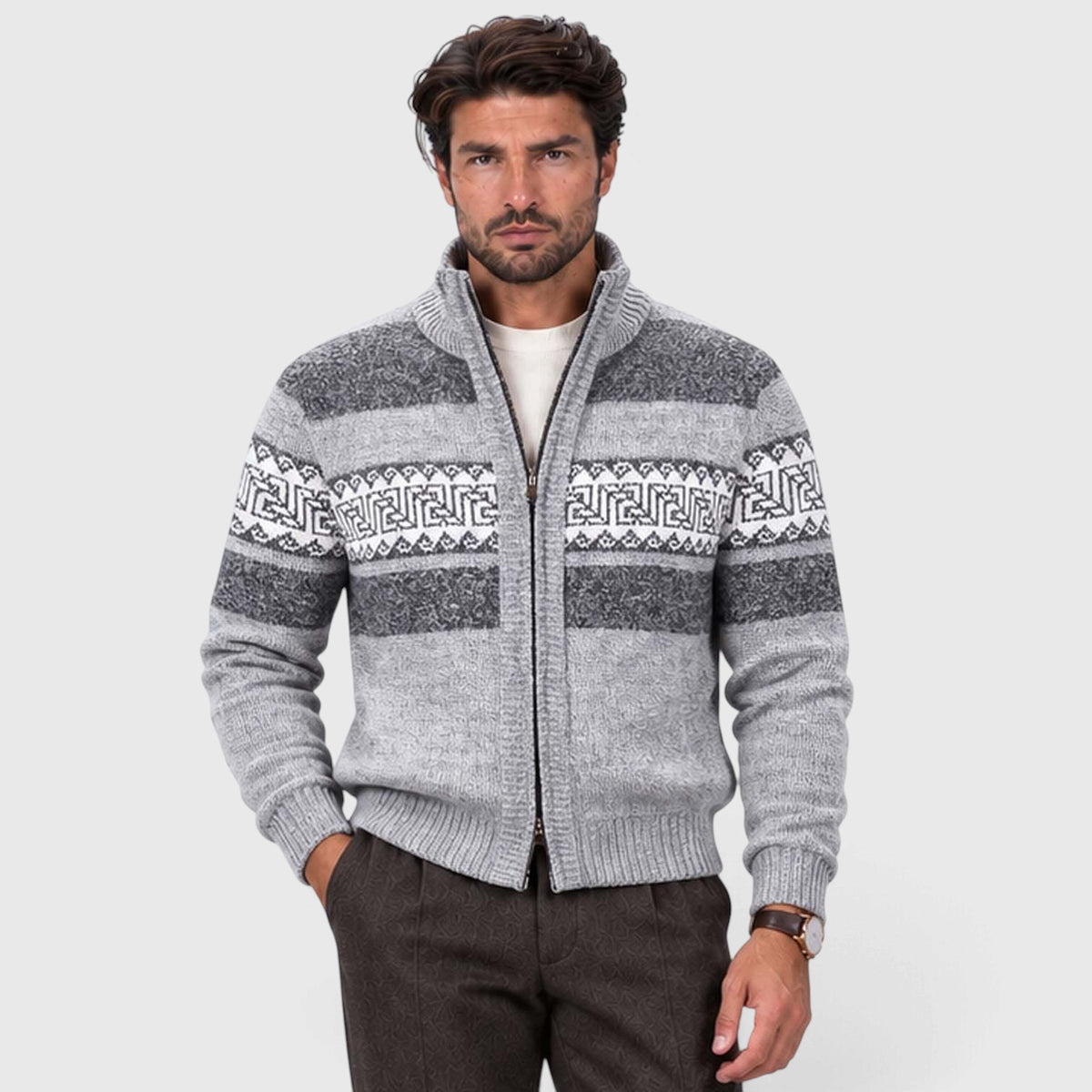 Monvaline | Men's Cable Knit Jumper Full Zip Stand Collar