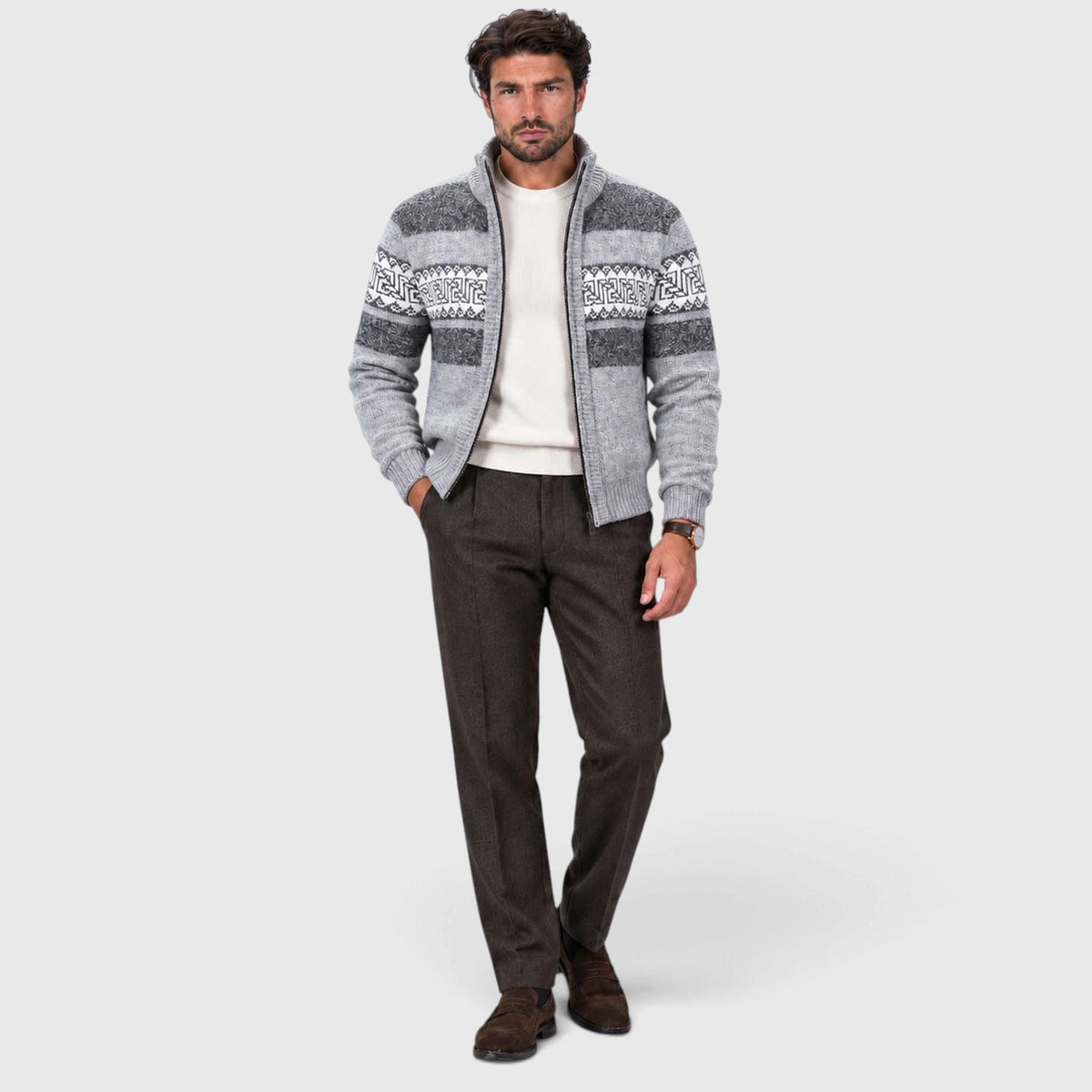 Monvaline | Men's Cable Knit Jumper Full Zip Stand Collar