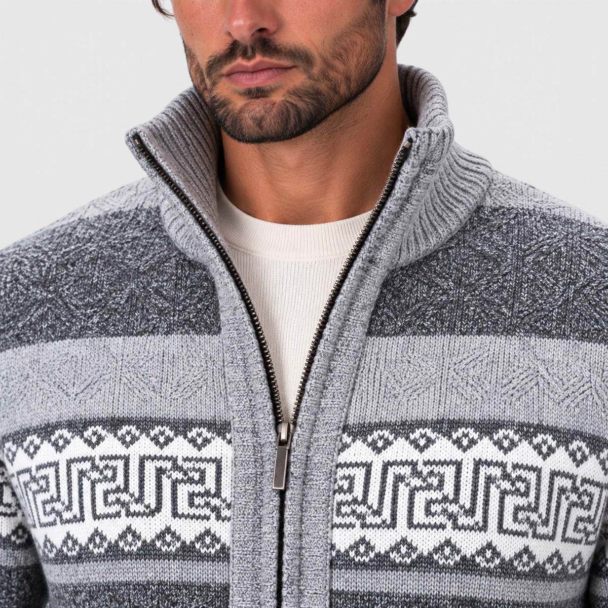 Monvaline | Men's Cable Knit Jumper Full Zip Stand Collar