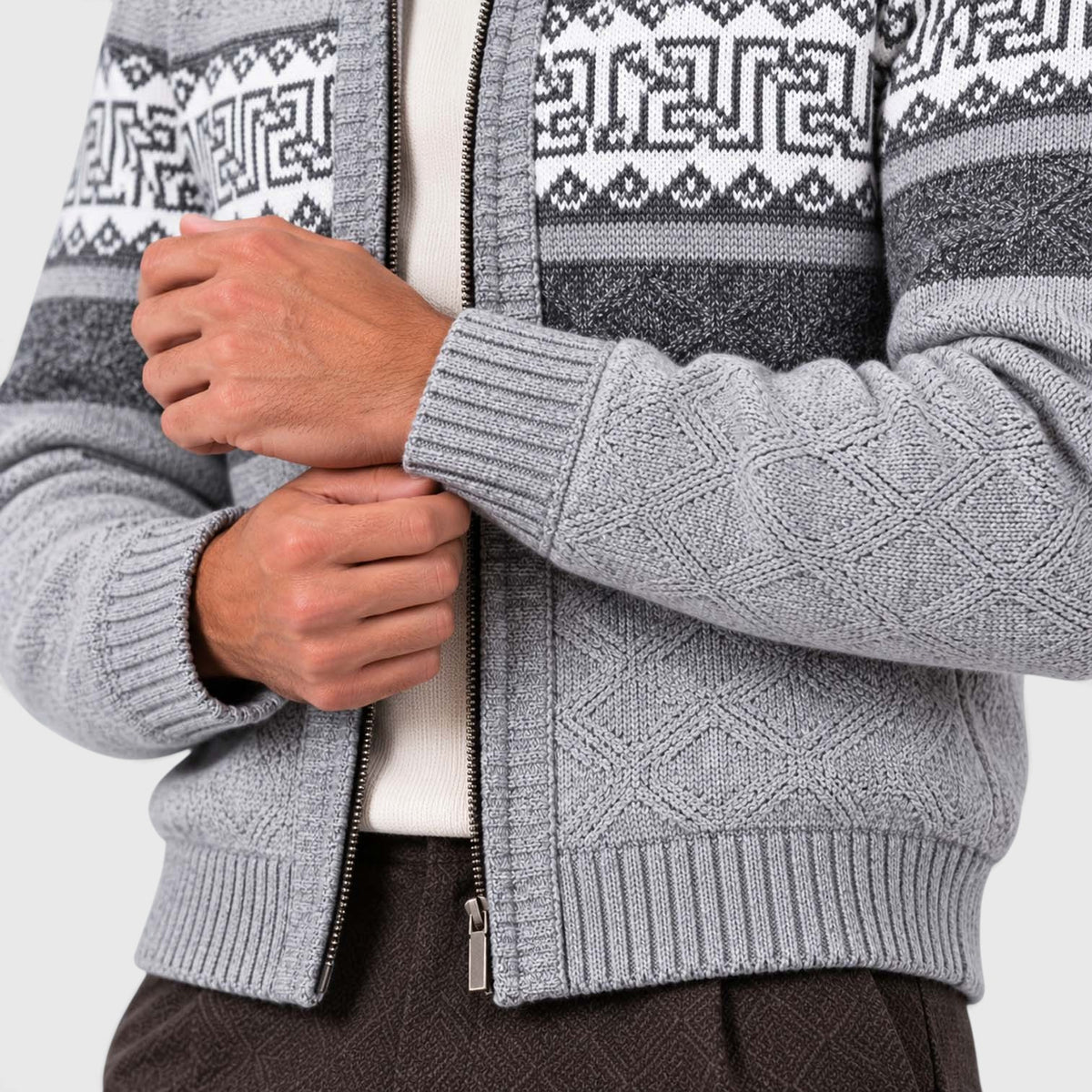 Monvaline | Men's Cable Knit Jumper Full Zip Stand Collar