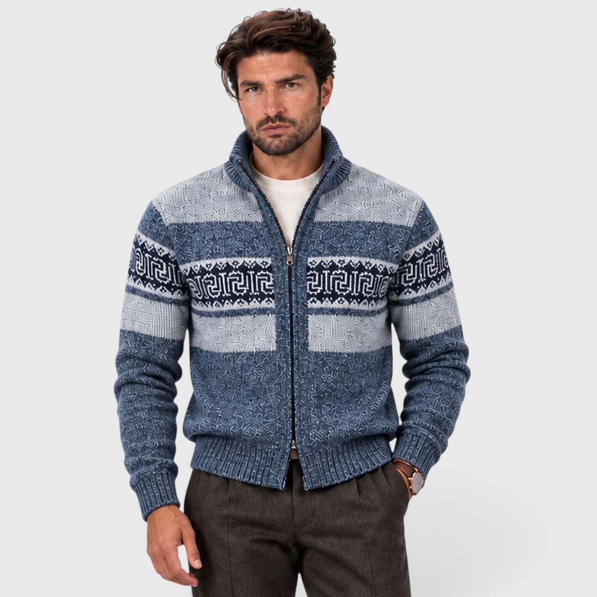 Monvaline | Men's Cable Knit Jumper Full Zip Stand Collar