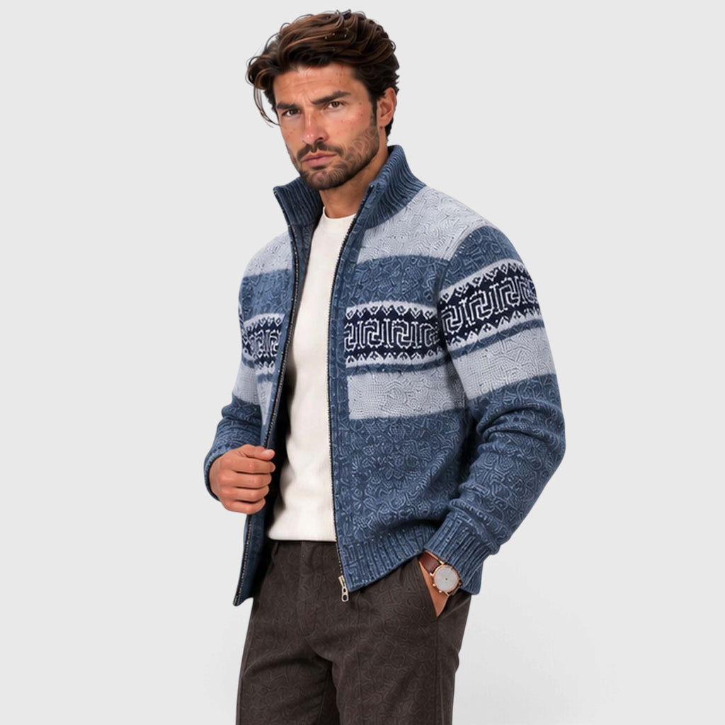 Monvaline | Men's Cable Knit Jumper Full Zip Stand Collar