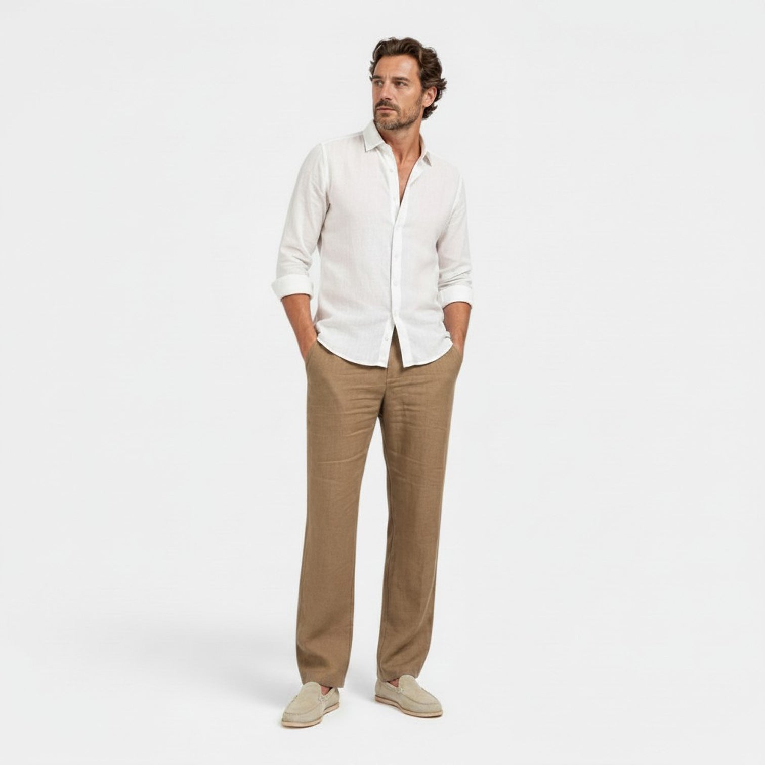 Monvaline | Men's Casual Linen Pants Breathable Straight Leg Caramel