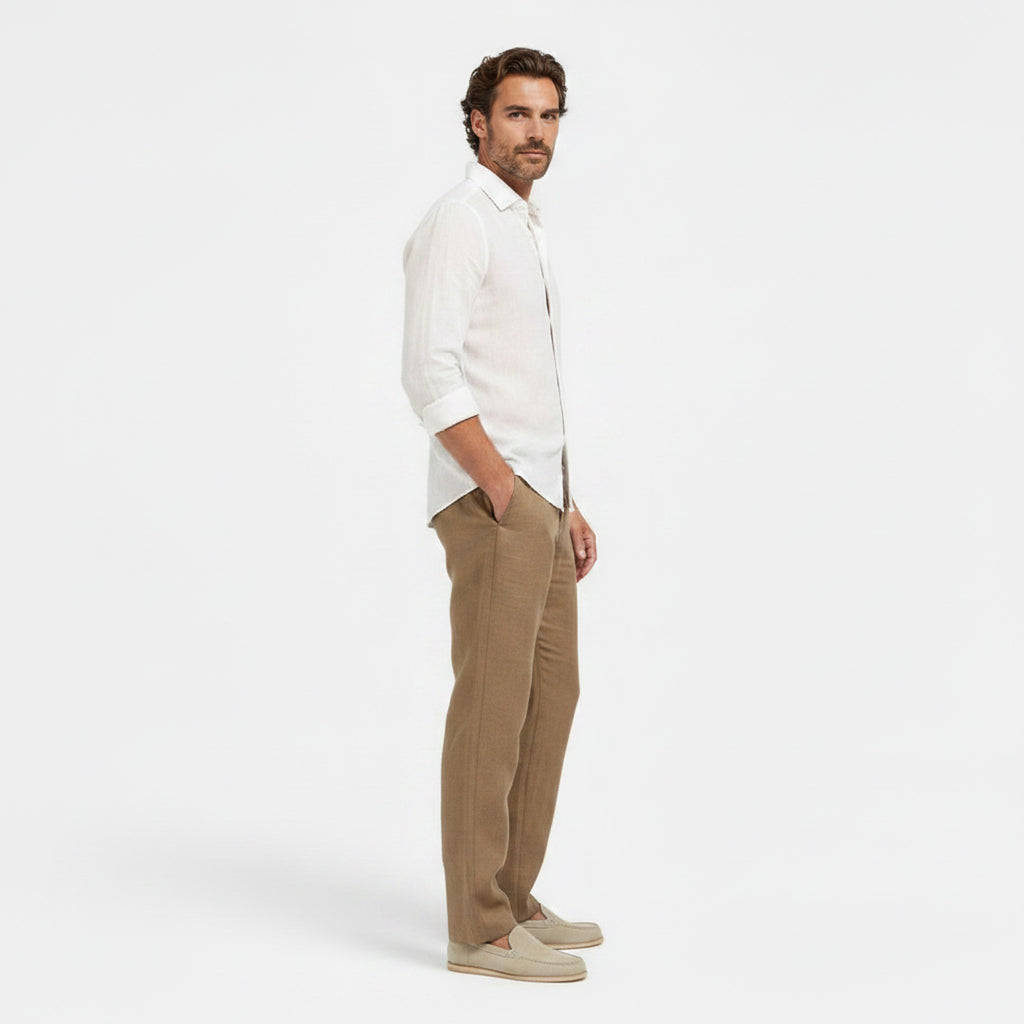 Monvaline | Men's Casual Linen Pants Breathable Straight Leg Caramel