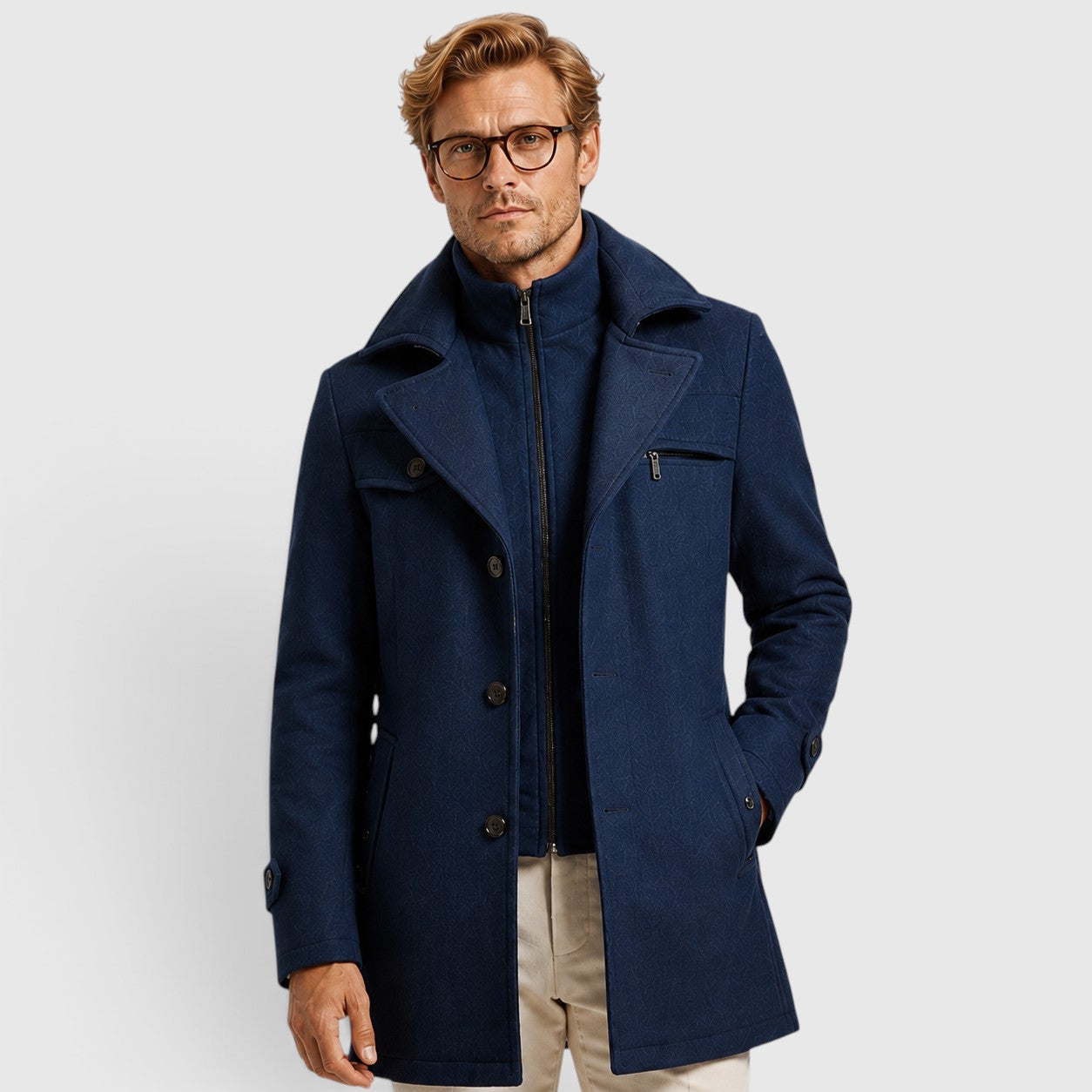 Monvaline | Men's Wool Blend Mid-Length Coat – Tailored Stand Collar