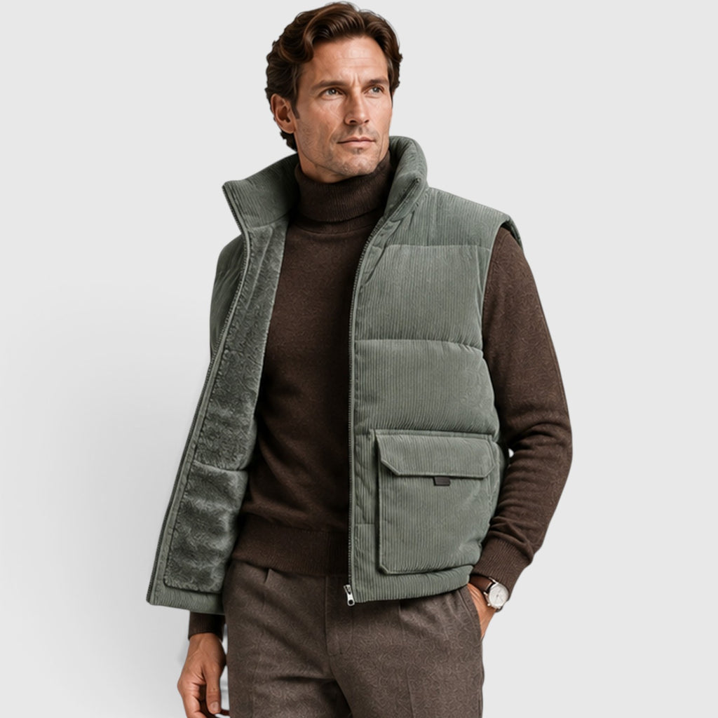 Monvaline | Men's Corduroy Puffer Gilet – Fleece Lined Zip-Up Bodywarmer