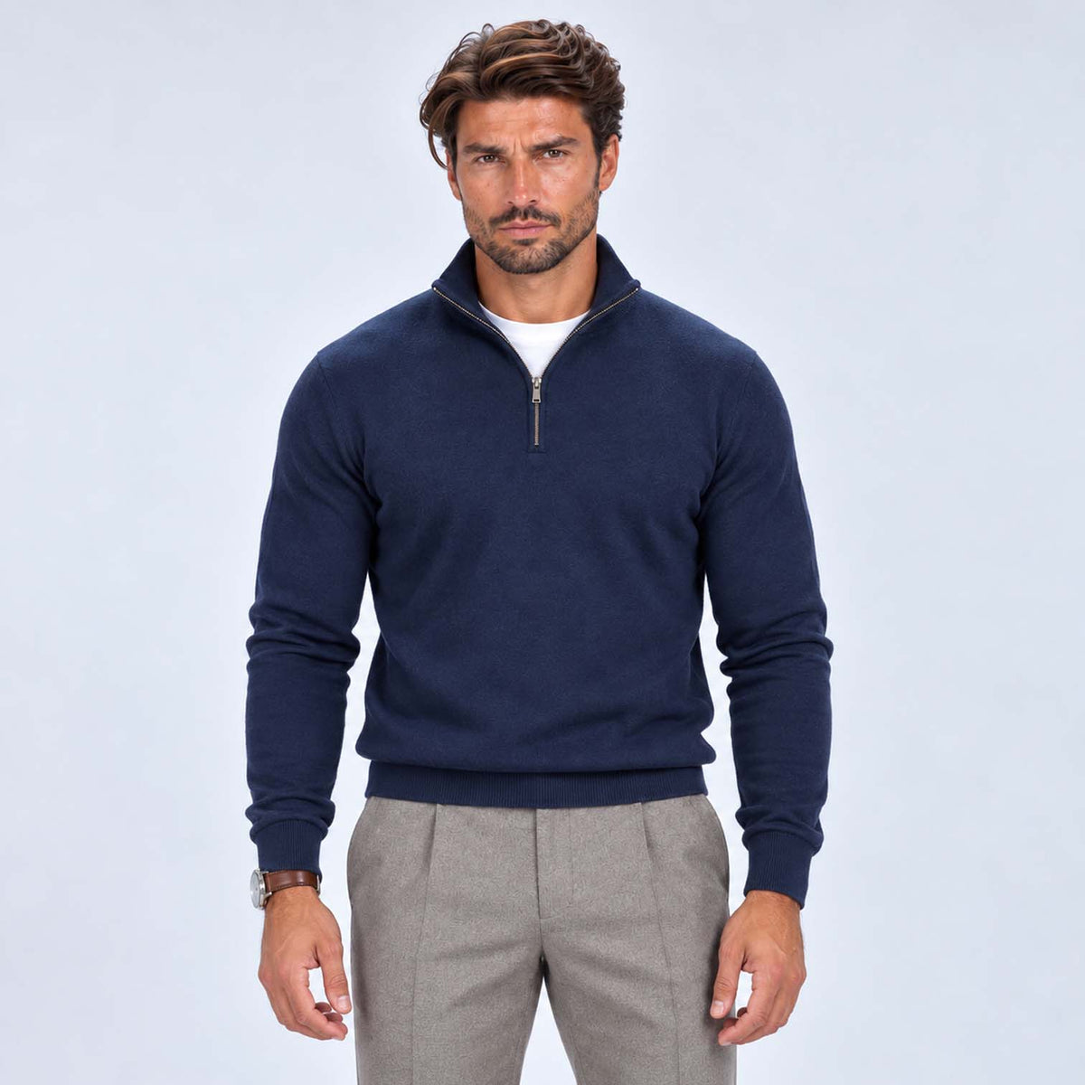 Monvaline | Men's Cotton Blend Quarter Zip Jumper Slim Fit