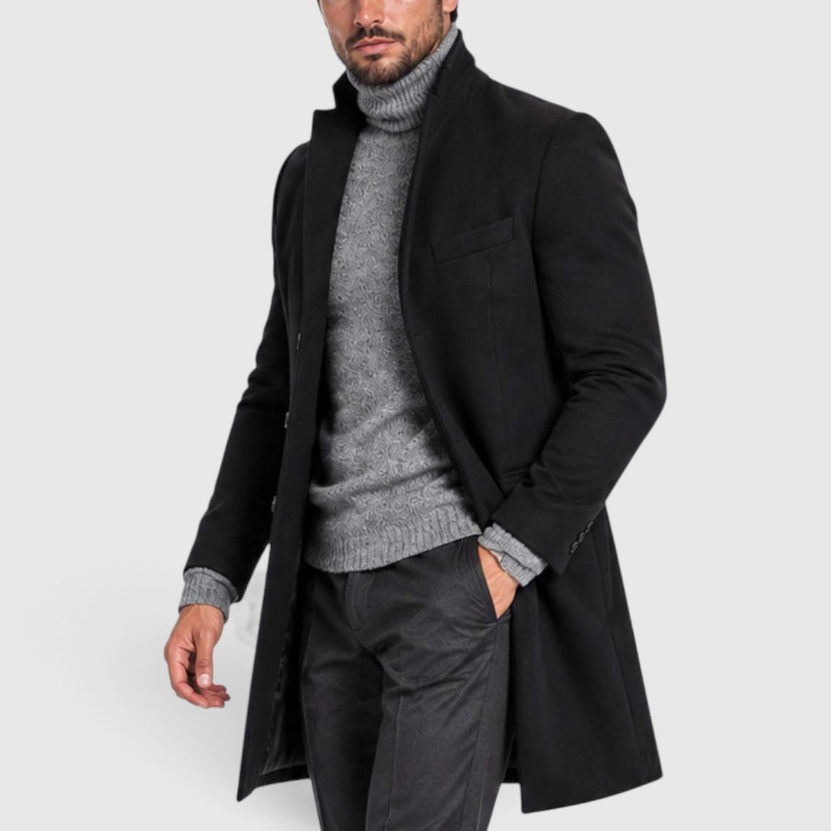 Monvaline | Men's Black Overcoat for Suit Slim Fit Single Breasted Italian