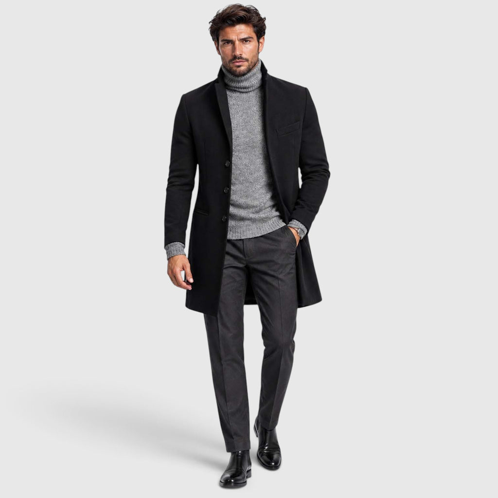 Monvaline | Men's Black Overcoat for Suit Slim Fit Single Breasted Italian