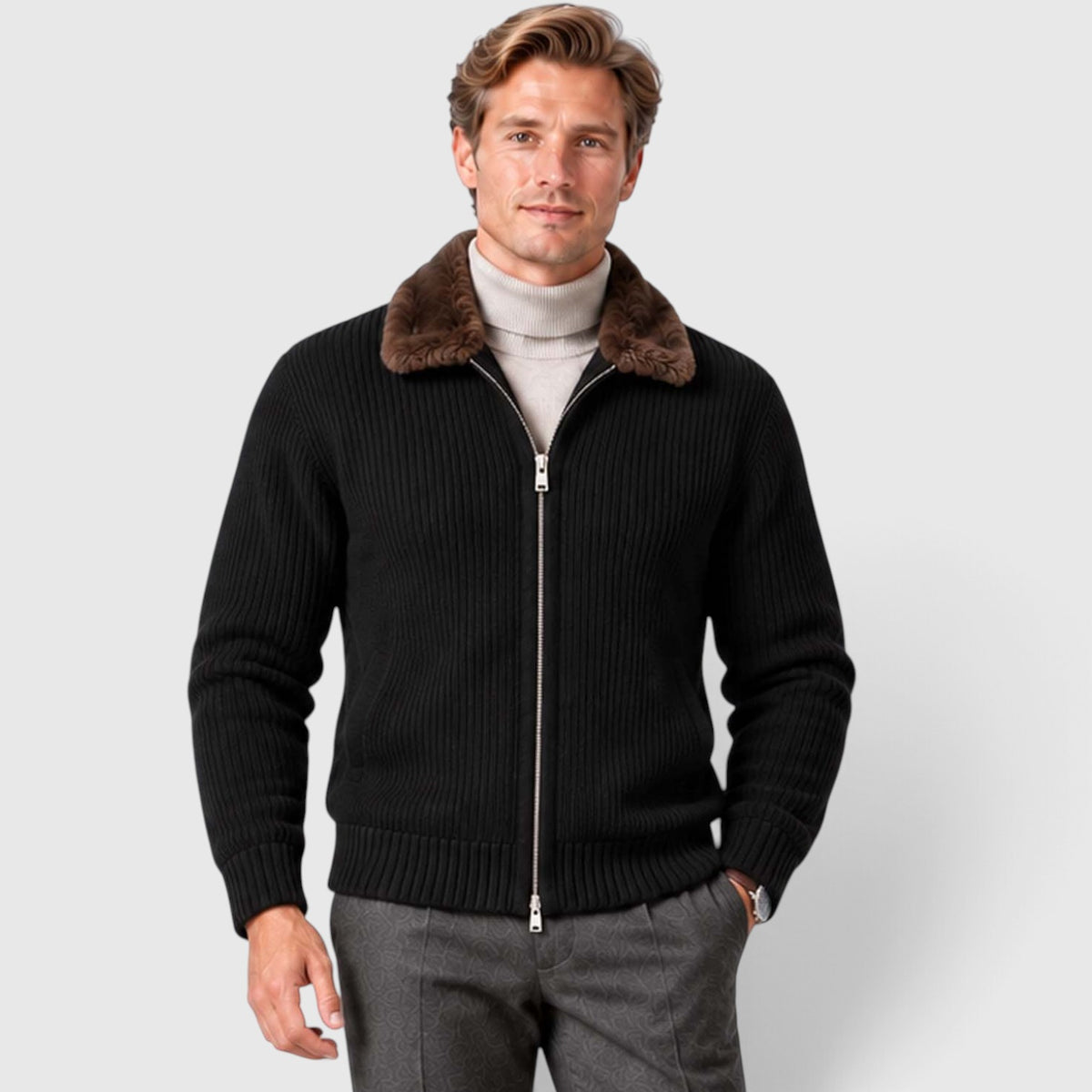 Monvaline | Men's Faux Fur Collar Ribbed Knit Zip Cardigan