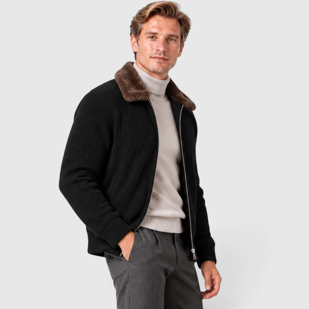 Monvaline | Men's Faux Fur Collar Ribbed Knit Zip Cardigan