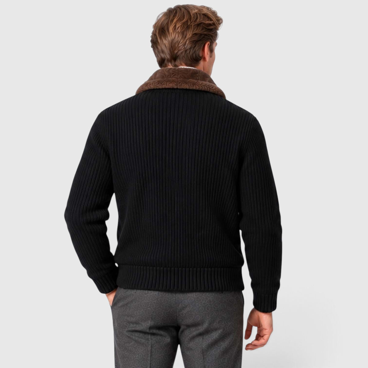 Monvaline | Men's Faux Fur Collar Ribbed Knit Zip Cardigan