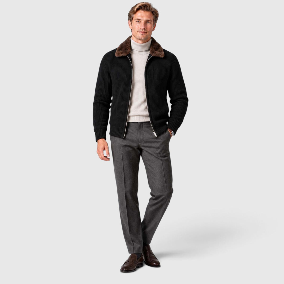 Monvaline | Men's Faux Fur Collar Ribbed Knit Zip Cardigan
