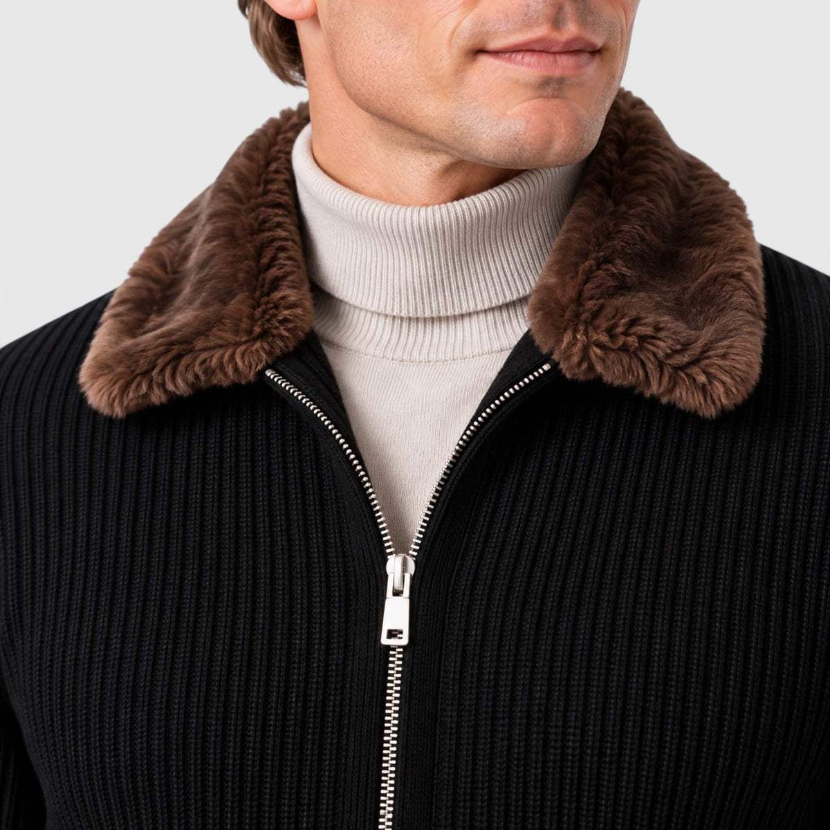 Monvaline | Men's Faux Fur Collar Ribbed Knit Zip Cardigan