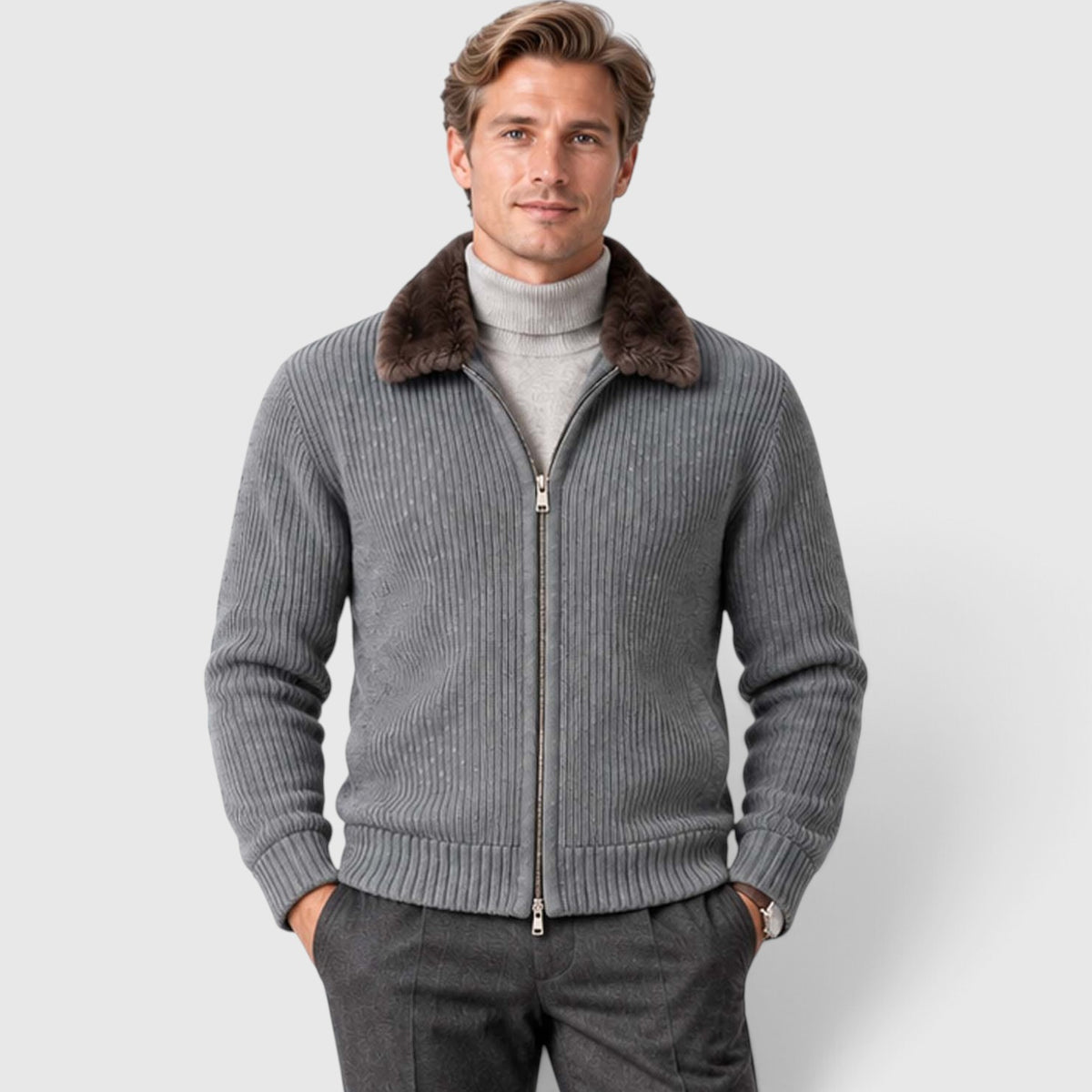 Monvaline | Men's Faux Fur Collar Ribbed Knit Zip Cardigan