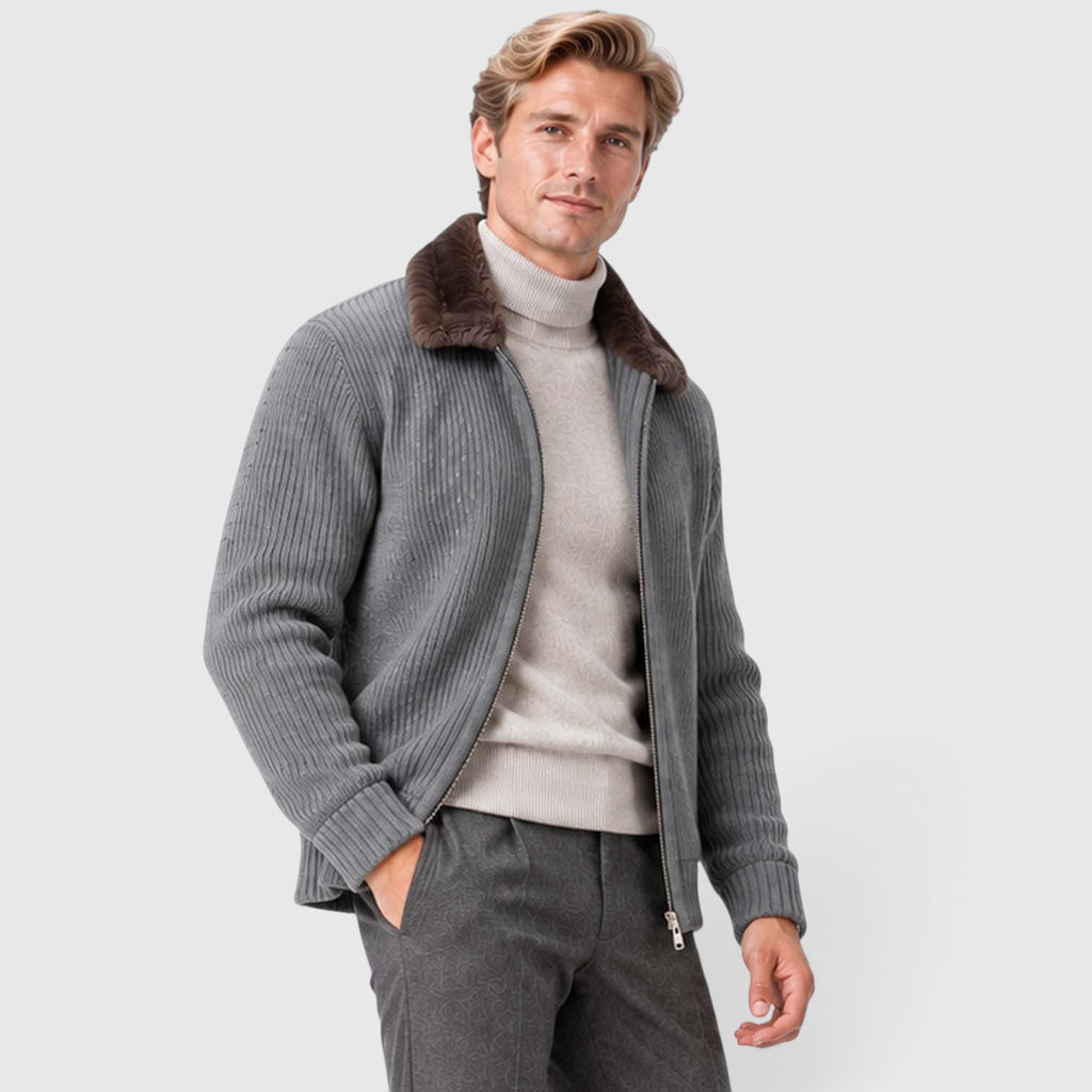 Monvaline | Men's Faux Fur Collar Ribbed Knit Zip Cardigan