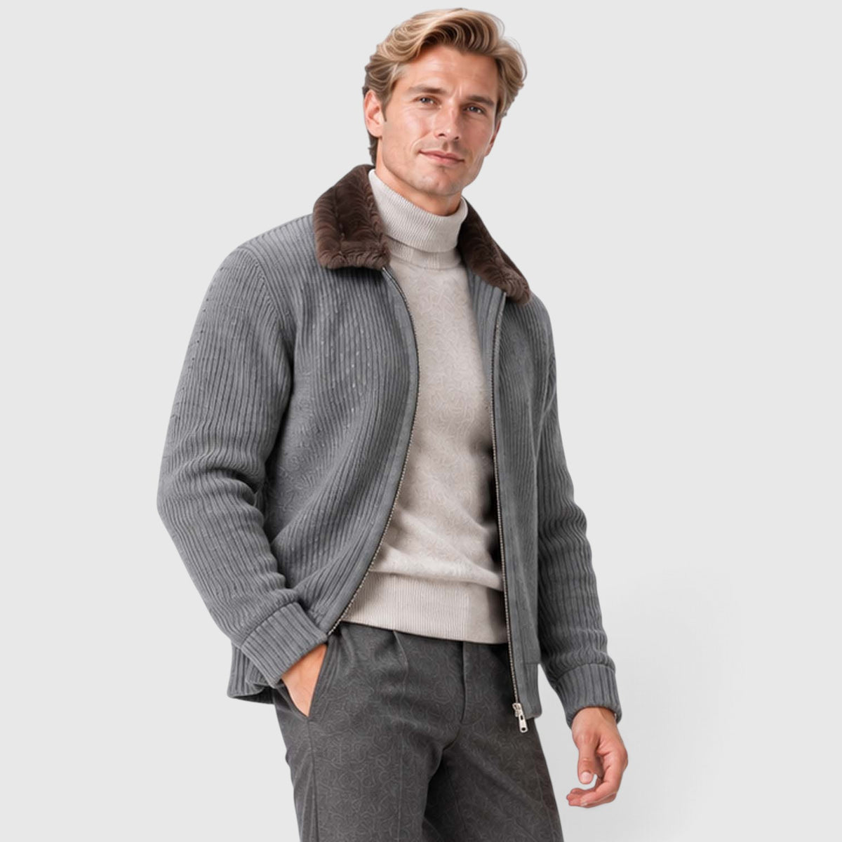 Monvaline | Men's Faux Fur Collar Ribbed Knit Zip Cardigan