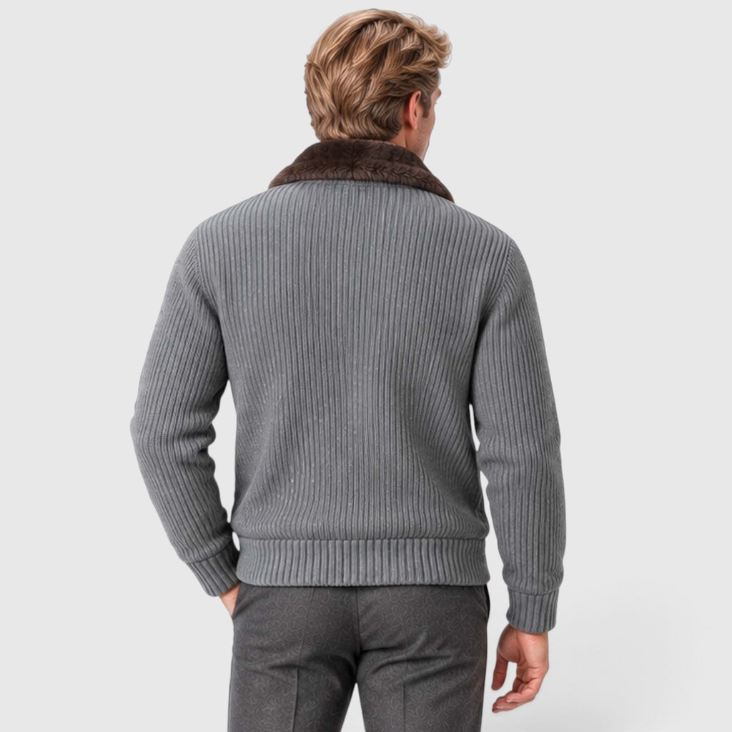 Monvaline | Men's Faux Fur Collar Ribbed Knit Zip Cardigan