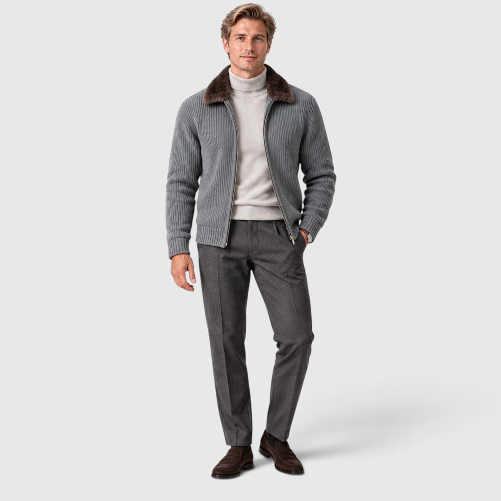 Monvaline | Men's Faux Fur Collar Ribbed Knit Zip Cardigan