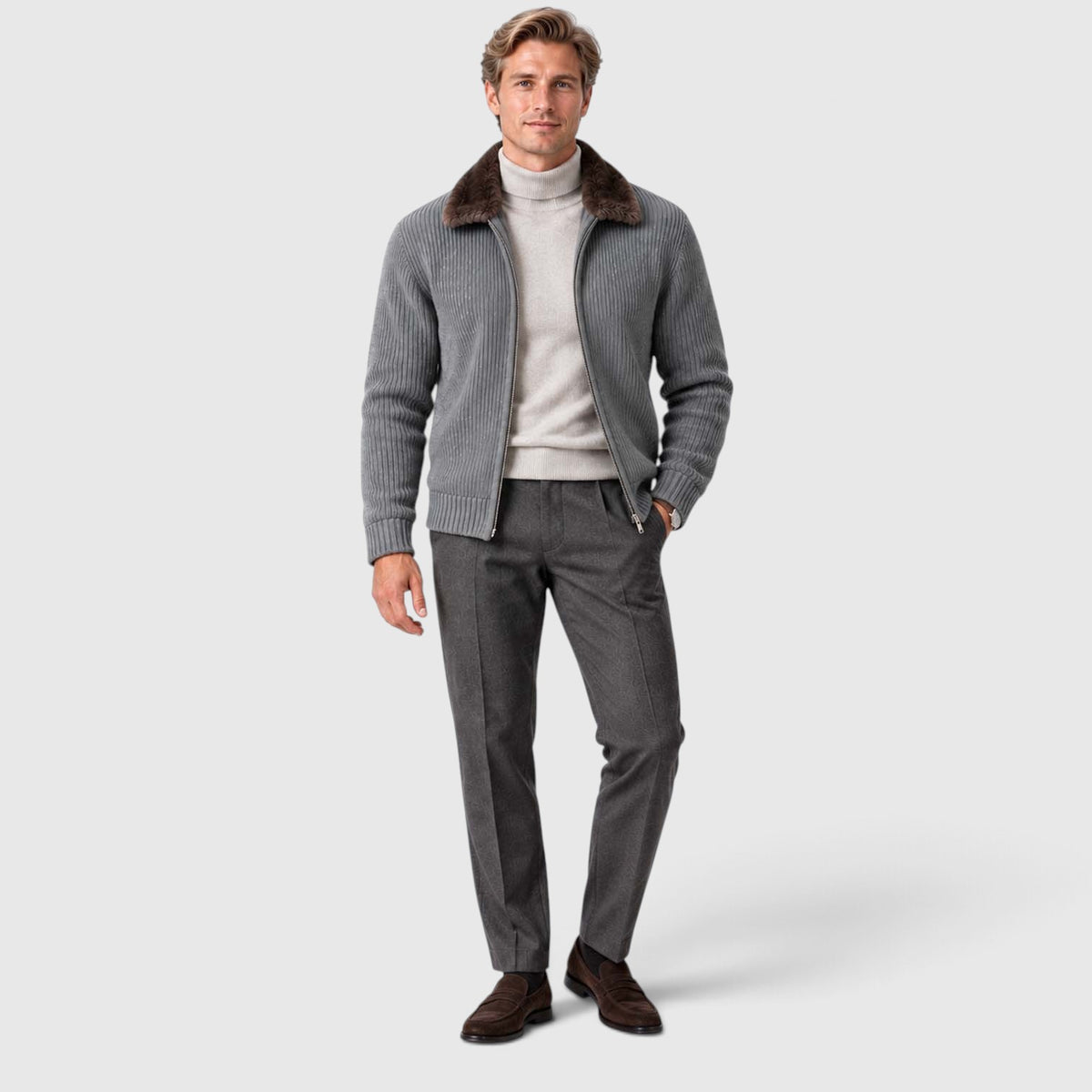 Monvaline | Men's Faux Fur Collar Ribbed Knit Zip Cardigan
