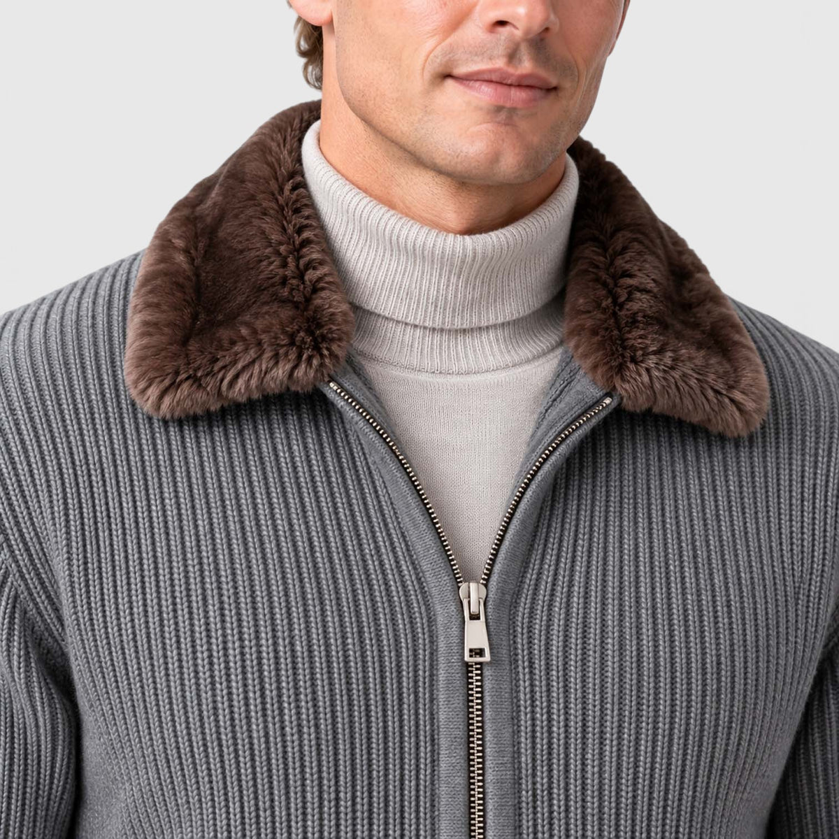 Monvaline | Men's Faux Fur Collar Ribbed Knit Zip Cardigan