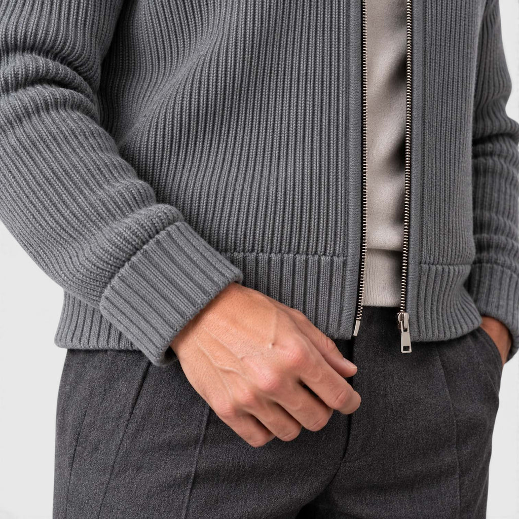 Monvaline | Men's Faux Fur Collar Ribbed Knit Zip Cardigan