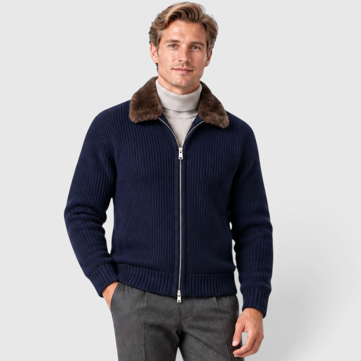 Monvaline | Men's Faux Fur Collar Ribbed Knit Zip Cardigan