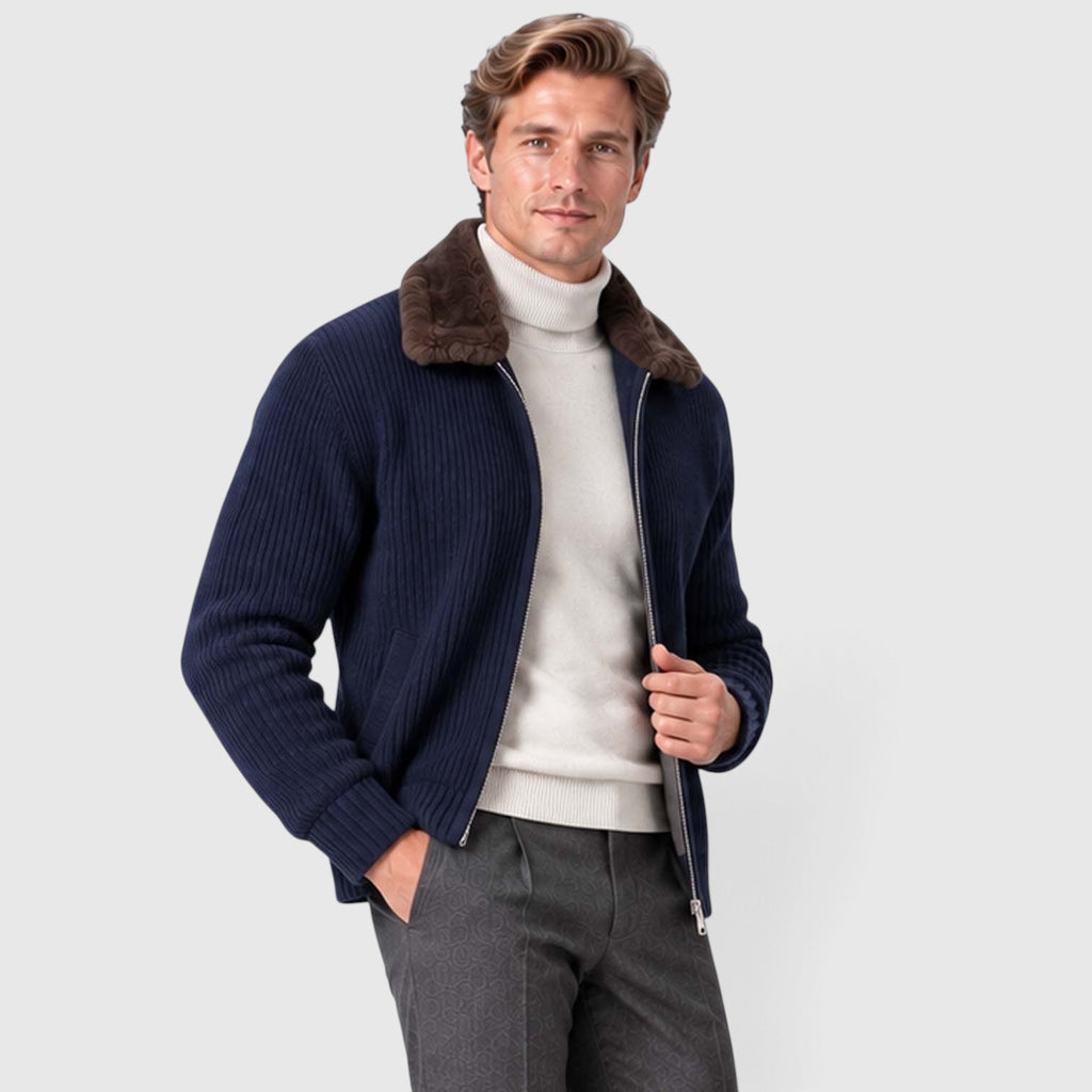 Monvaline | Men's Faux Fur Collar Ribbed Knit Zip Cardigan
