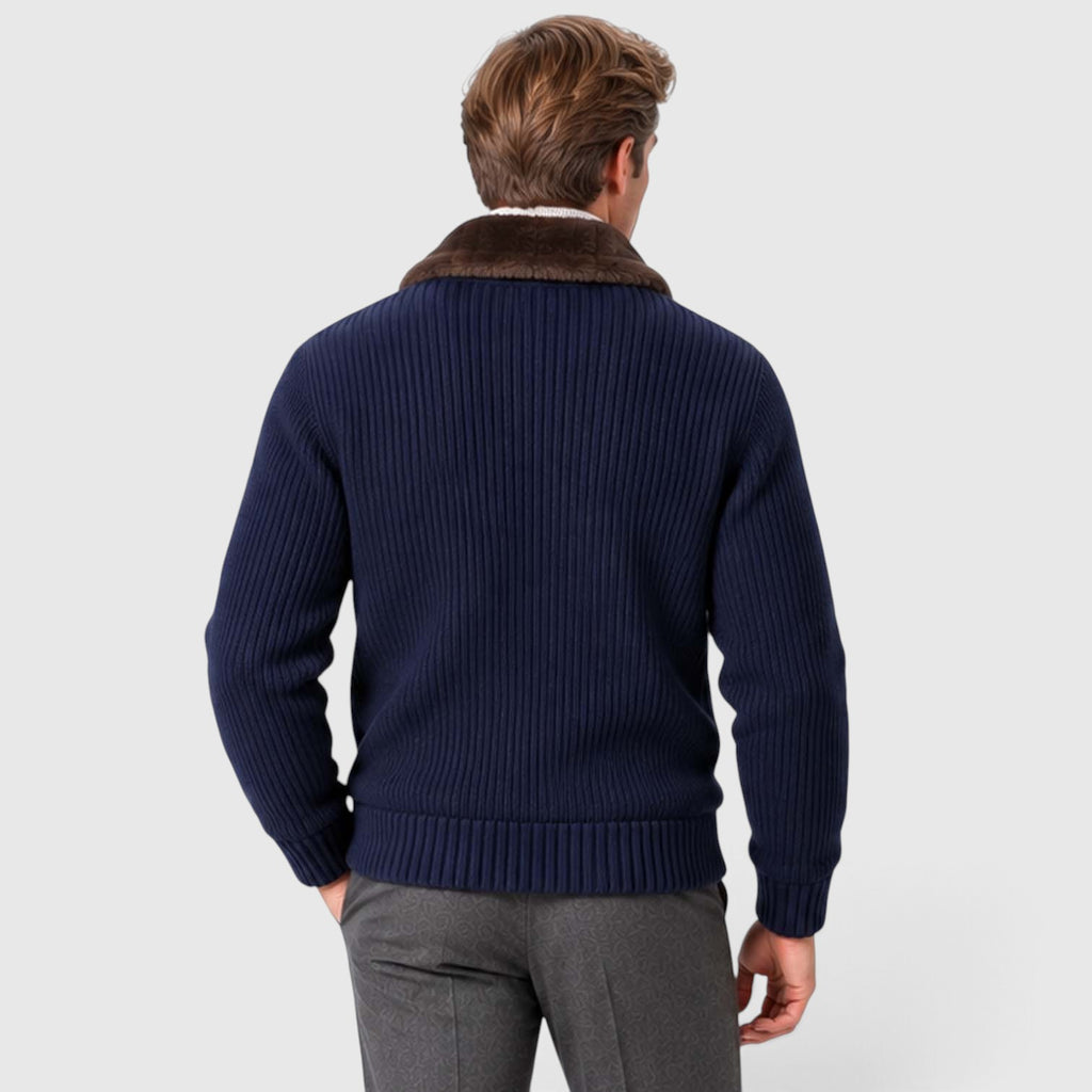 Monvaline | Men's Faux Fur Collar Ribbed Knit Zip Cardigan