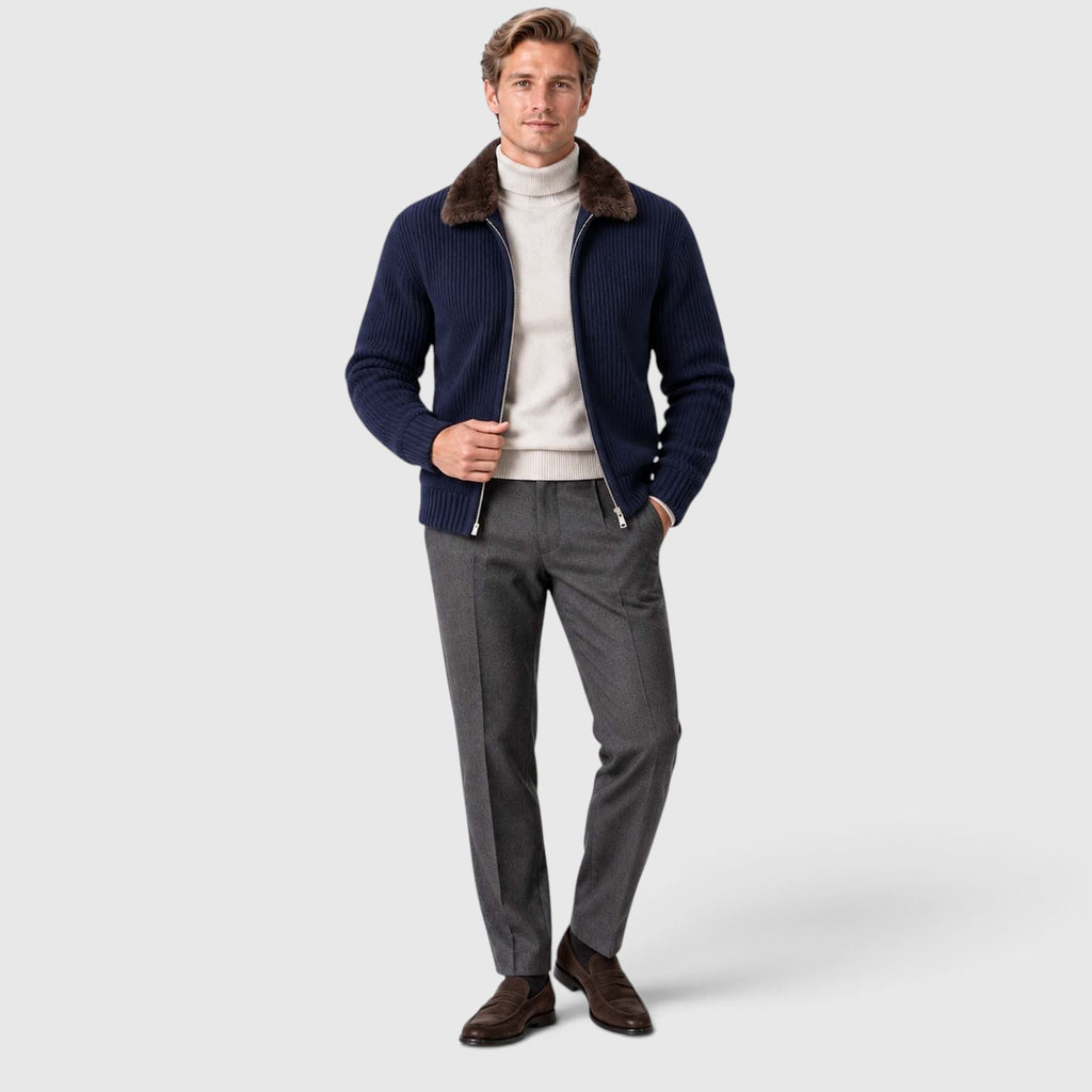 Monvaline | Men's Faux Fur Collar Ribbed Knit Zip Cardigan