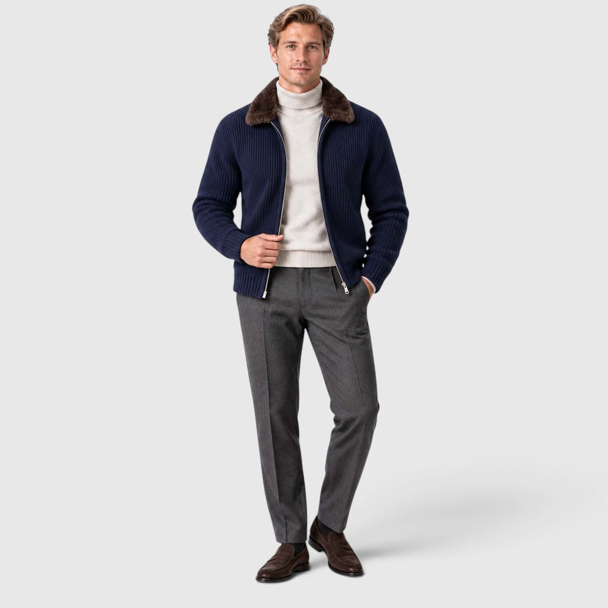 Monvaline | Men's Faux Fur Collar Ribbed Knit Zip Cardigan
