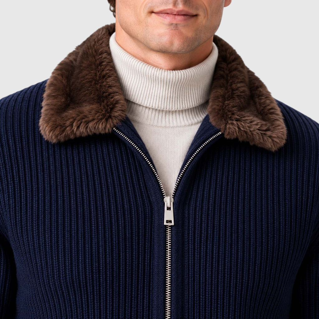 Monvaline | Men's Faux Fur Collar Ribbed Knit Zip Cardigan